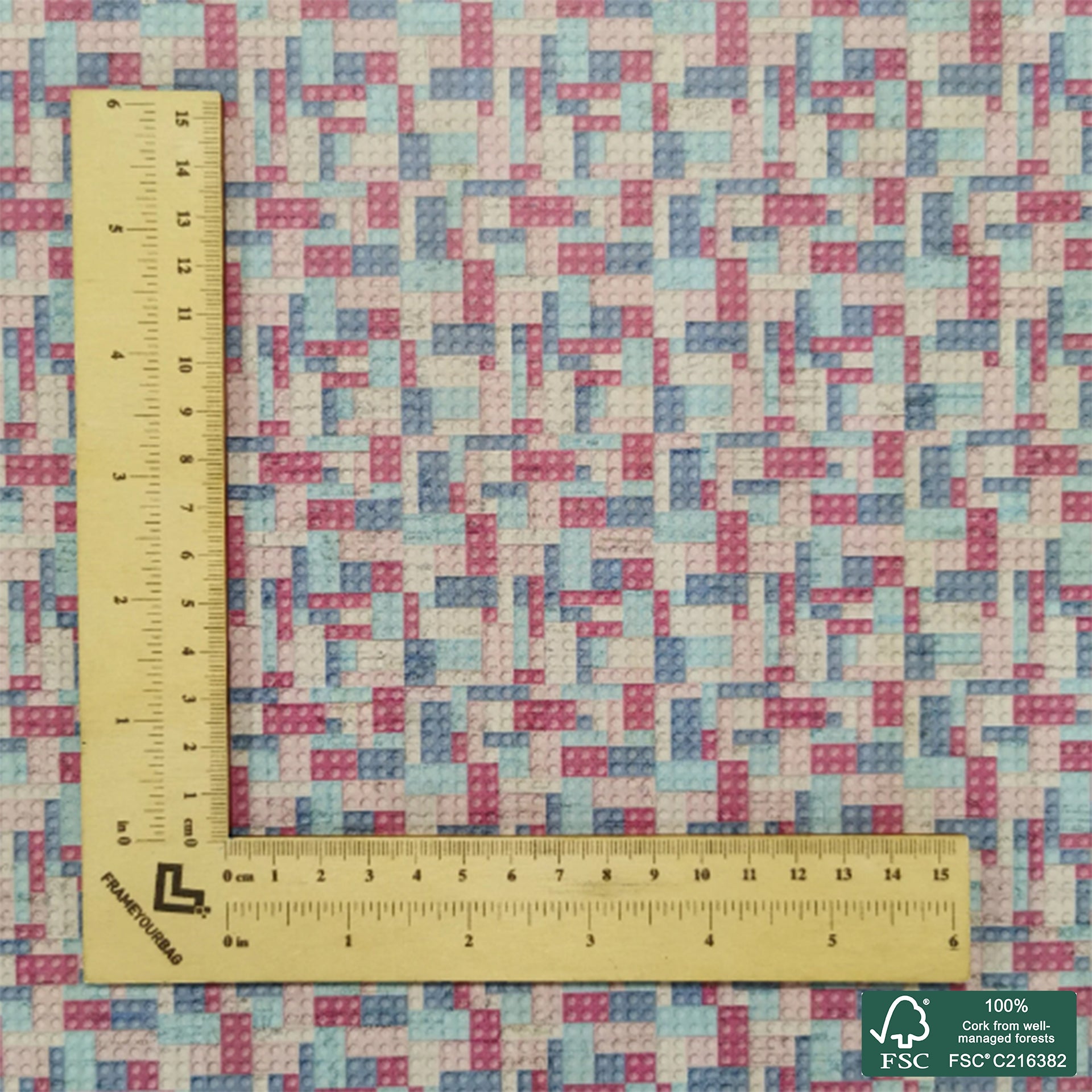 Bricks printed pattern on white cork fabric (184)