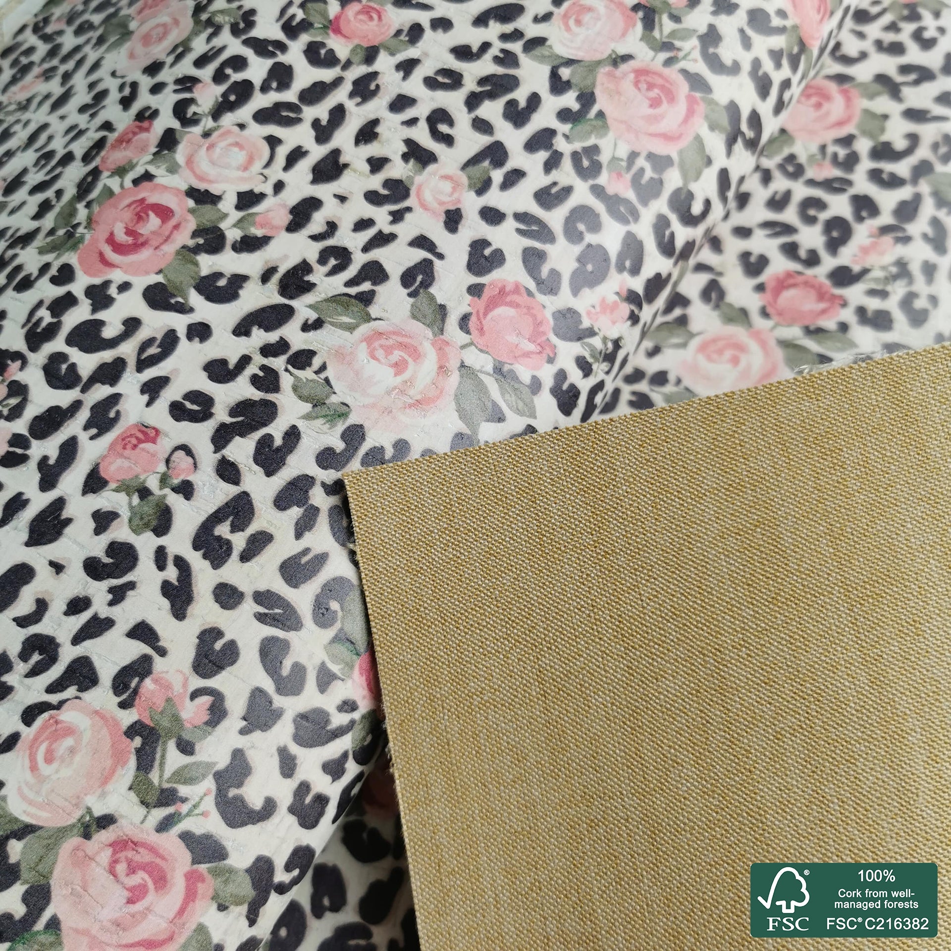 Leopard printed pattern on white cork fabric (185)