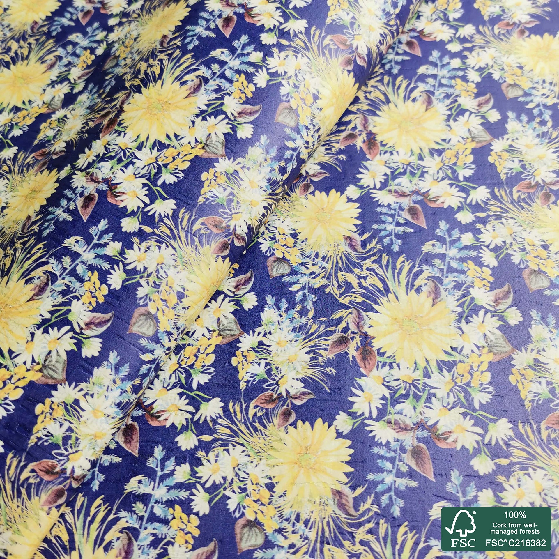 Flowers printed pattern on white cork fabric (186)