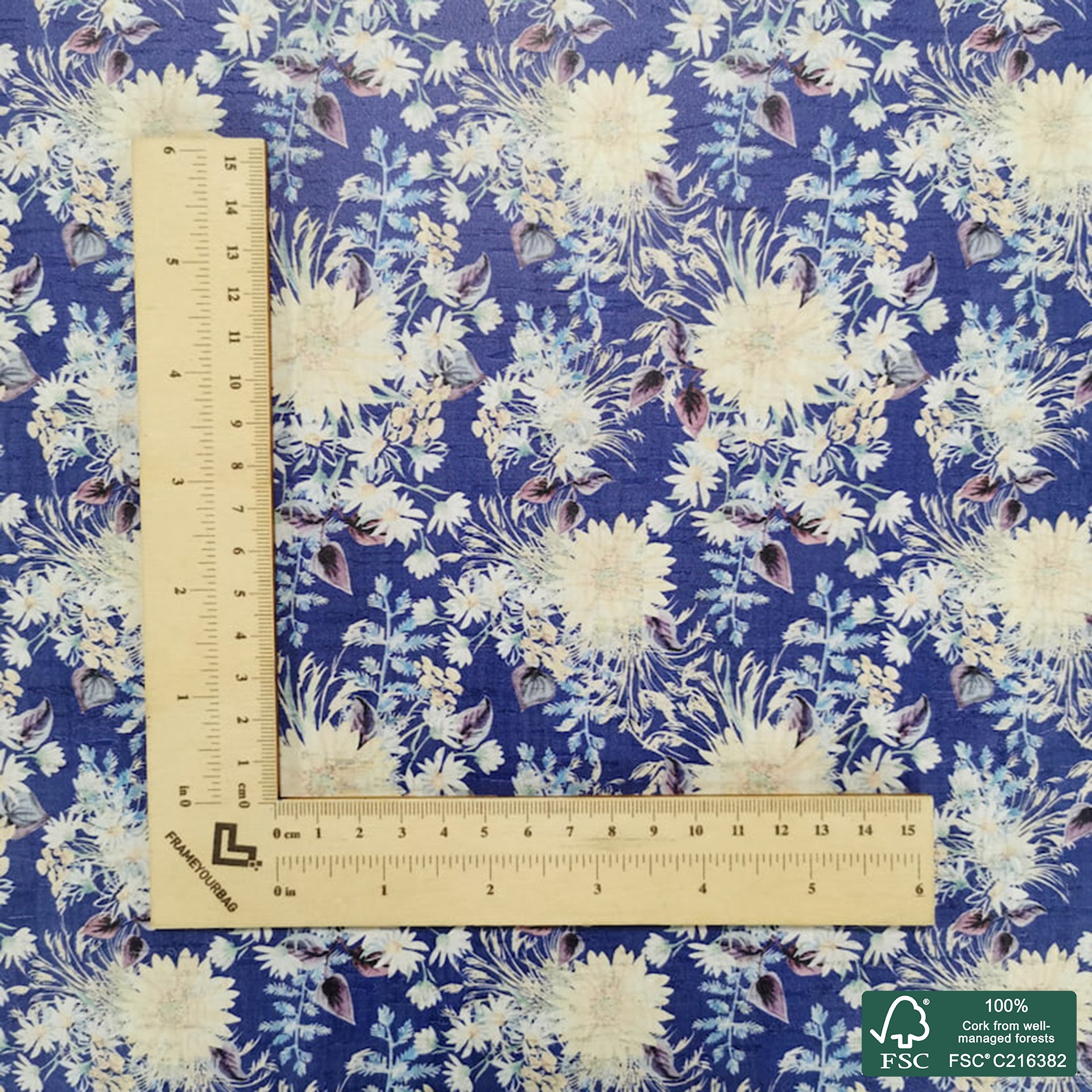 Flowers printed pattern on white cork fabric (186)