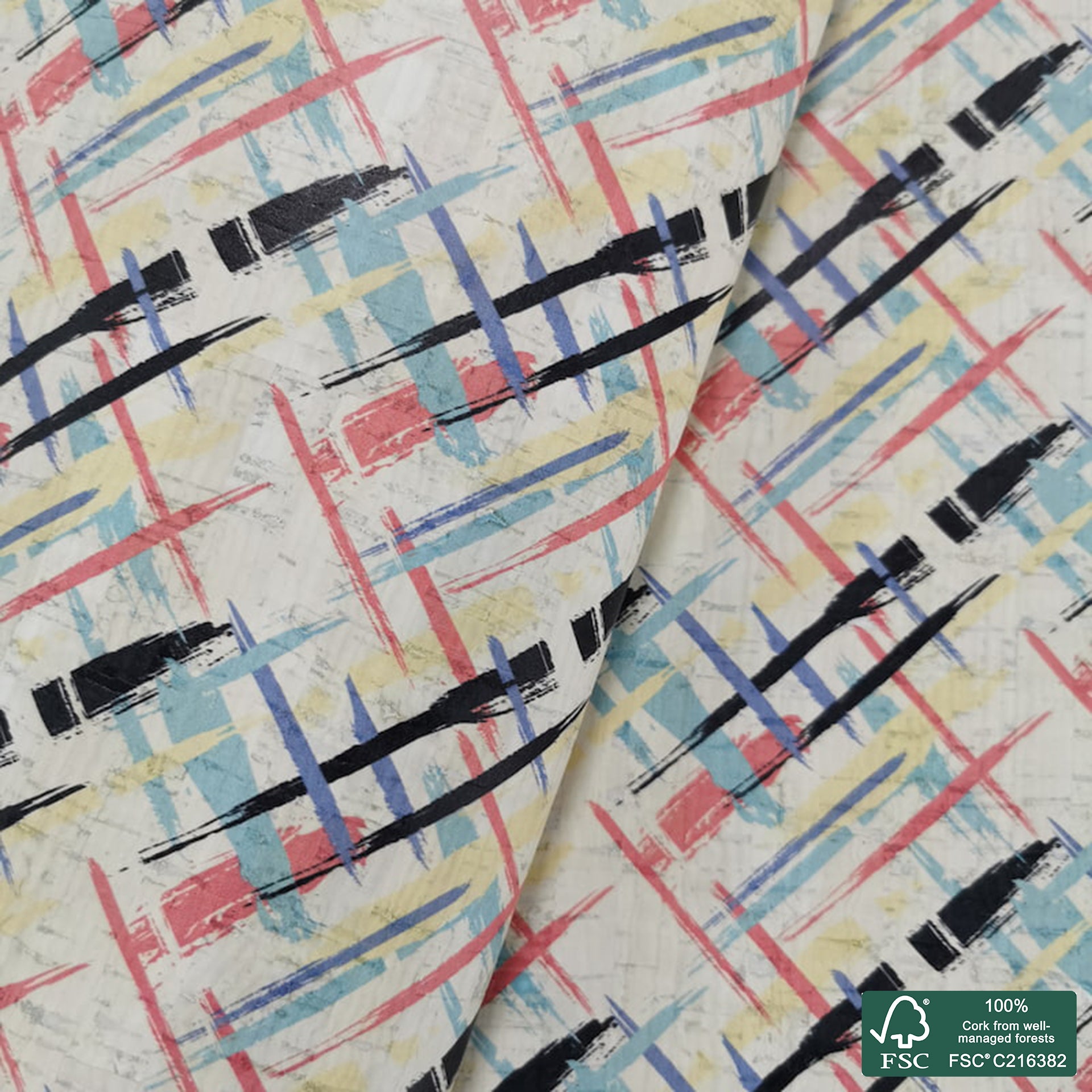 Plaid printed pattern on white cork fabric (187)