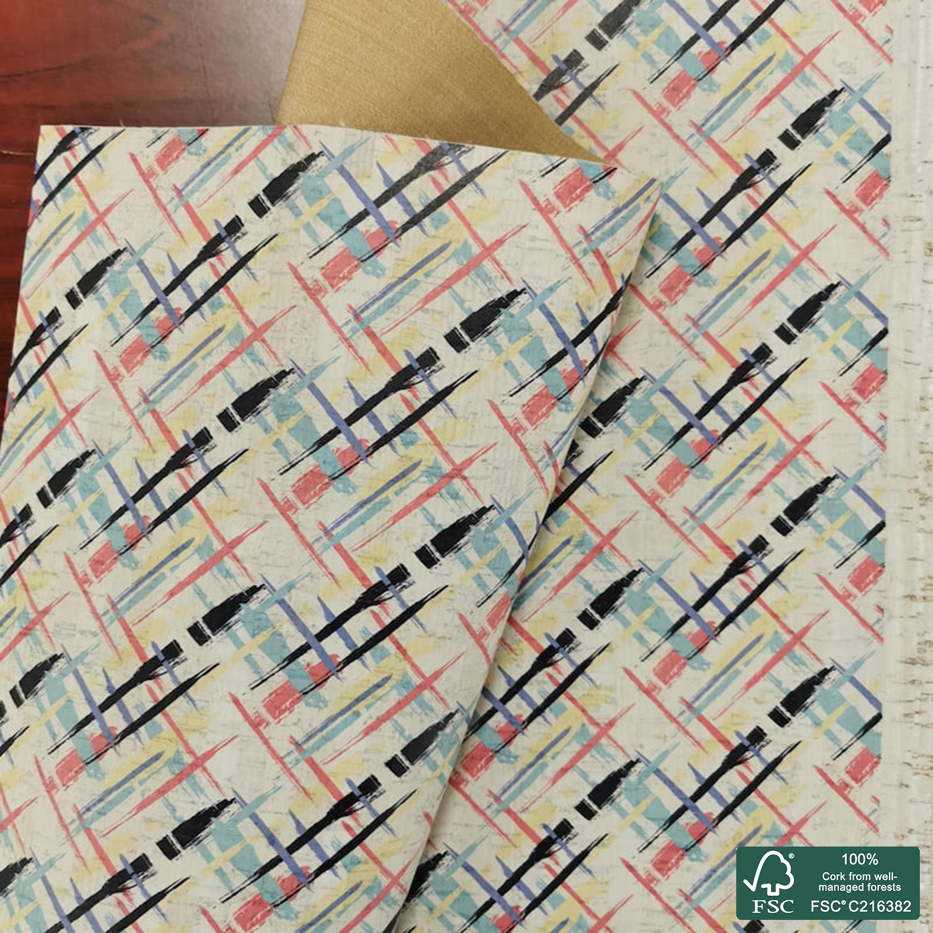 Plaid printed pattern on white cork fabric (187)