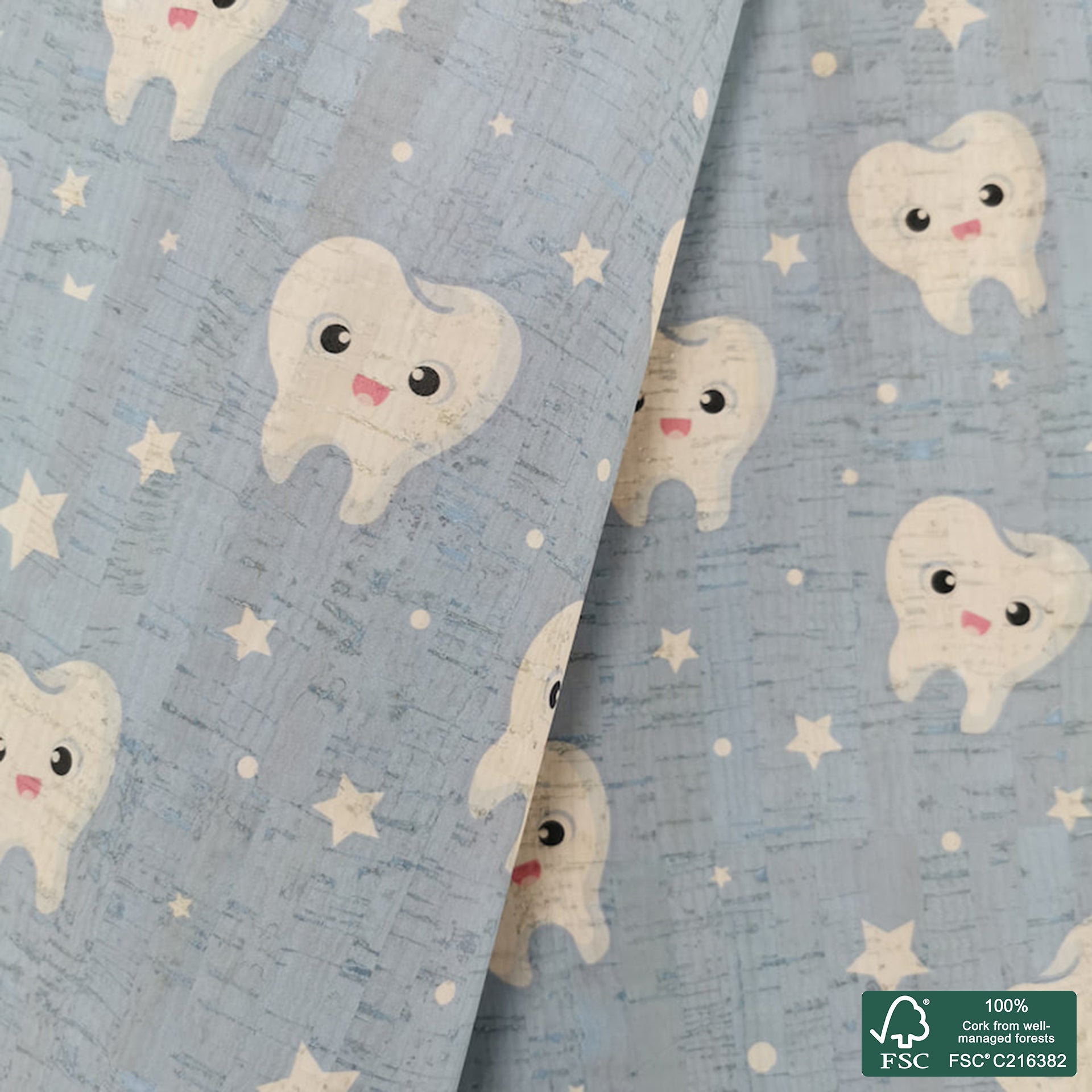 Teethes printed pattern on white cork fabric (188)