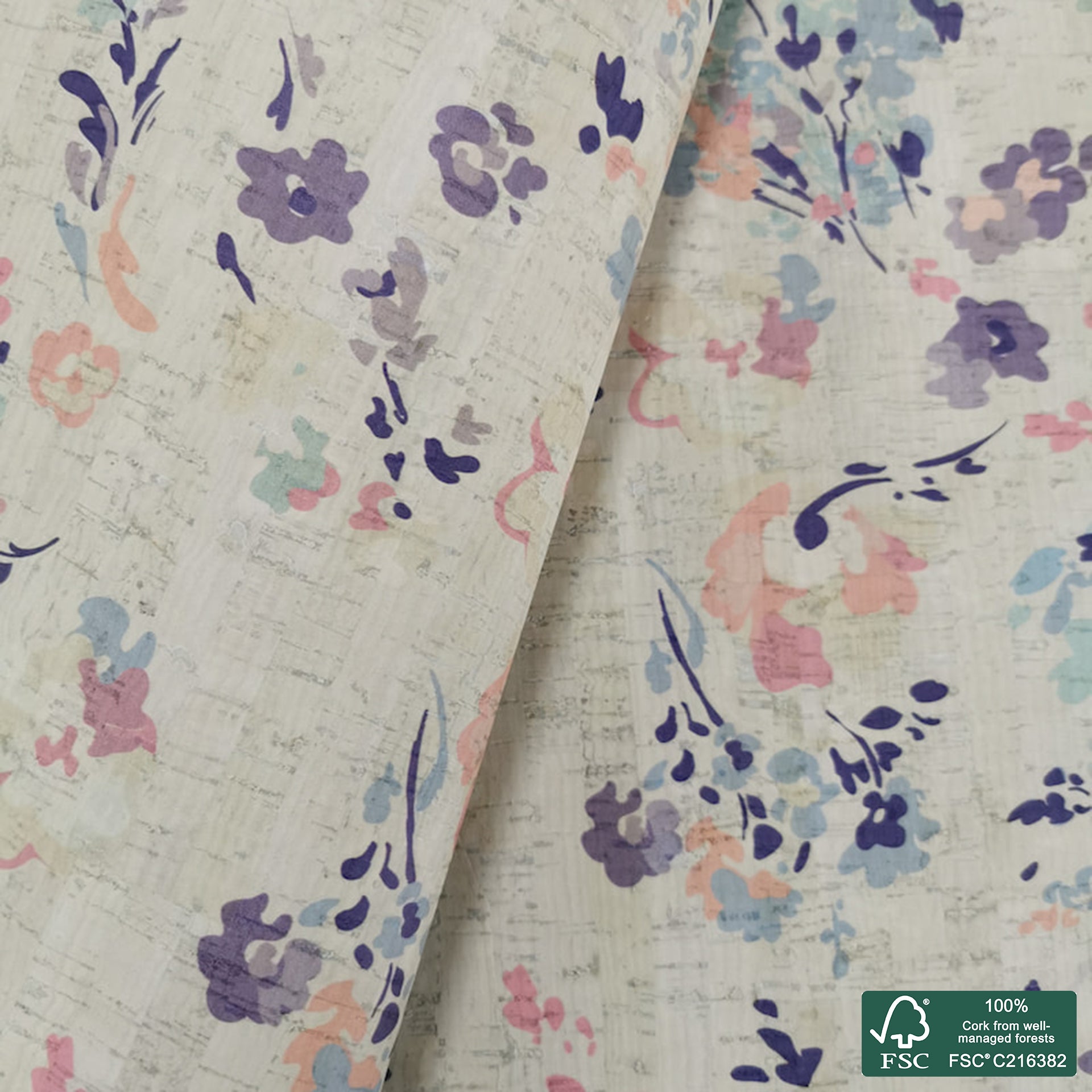 Flowers printed pattern on white cork fabric (190)