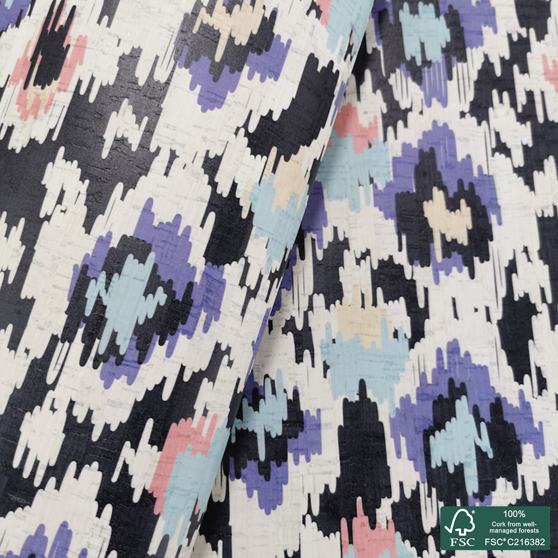 Abstract printed pattern on white cork fabric (194)