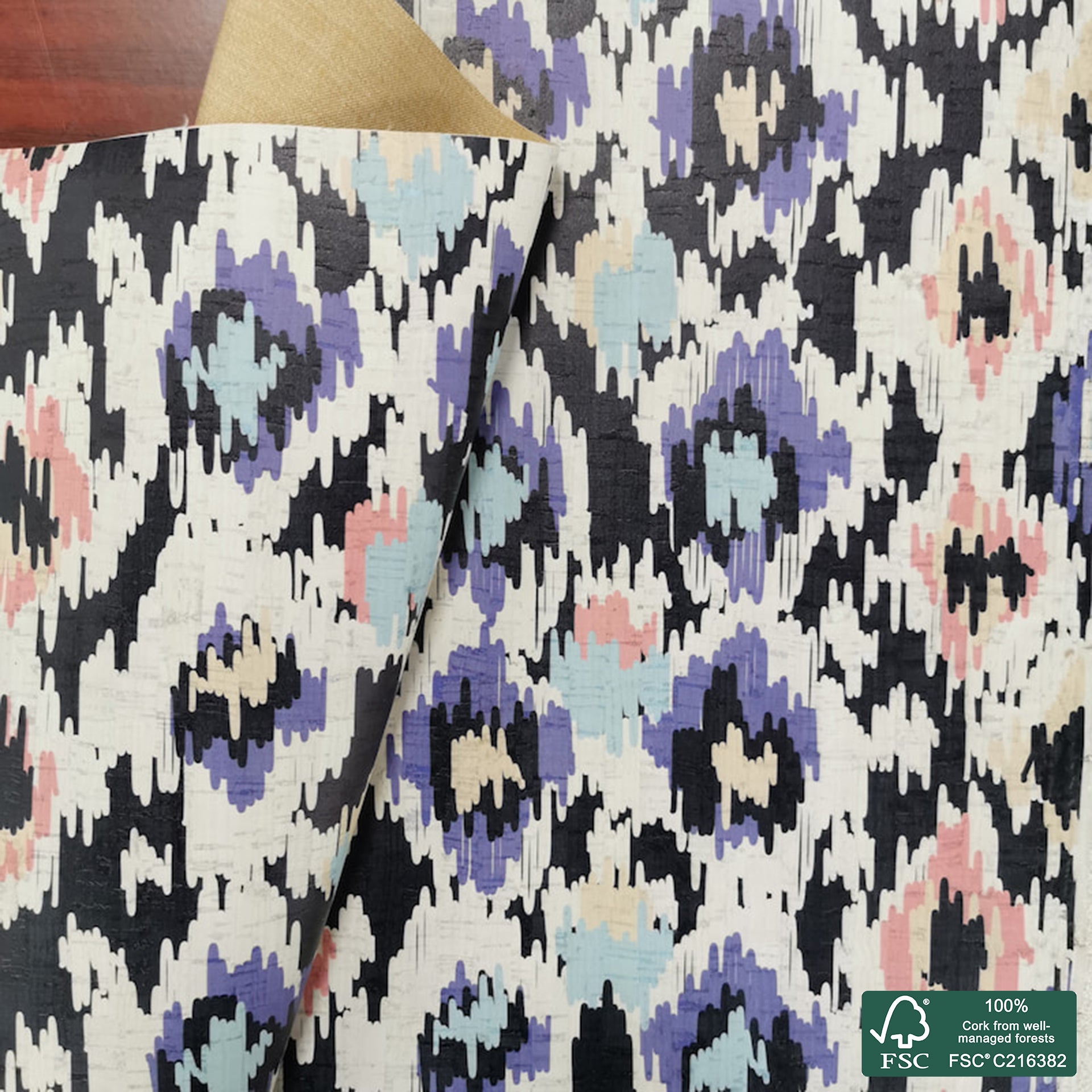 Abstract printed pattern on white cork fabric (194)