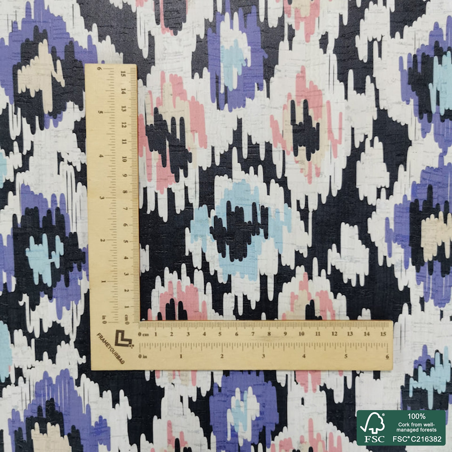 Abstract printed pattern on white cork fabric (194)