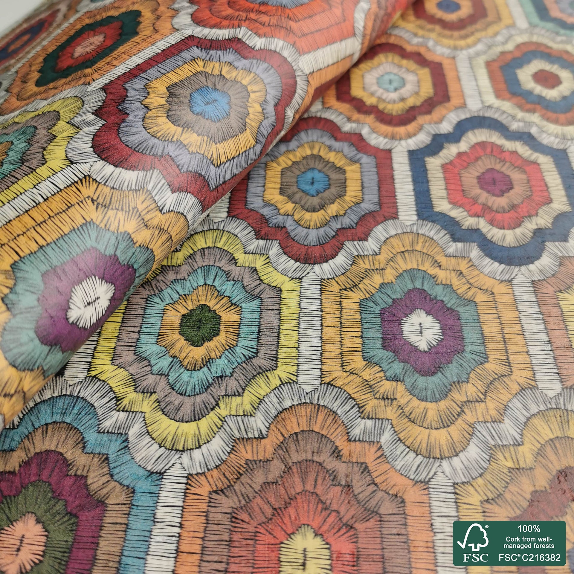 Tiles printed pattern on white cork fabric (195)
