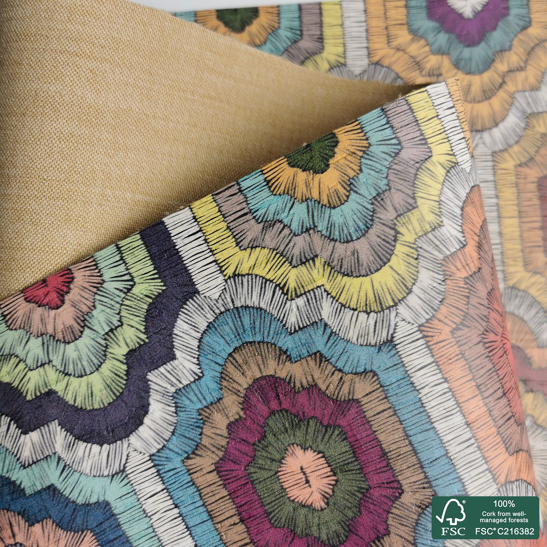 Tiles printed pattern on white cork fabric (195)