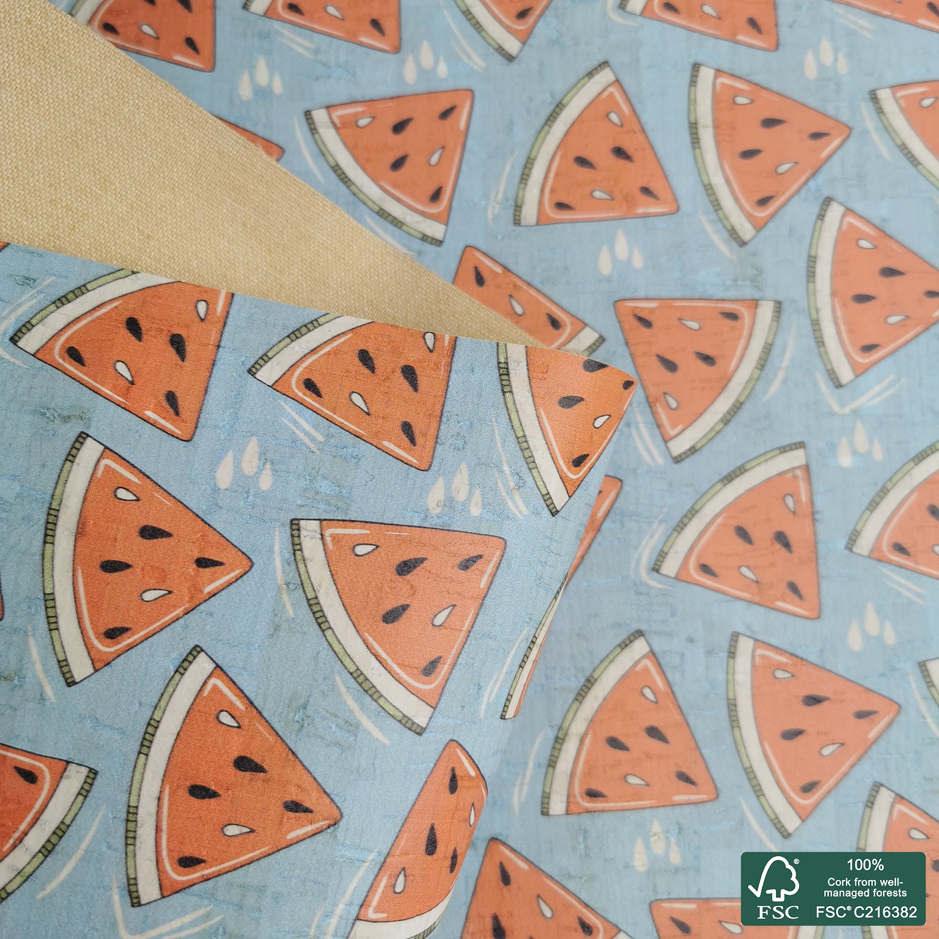 Watermelon printed pattern on white cork fabric (196)