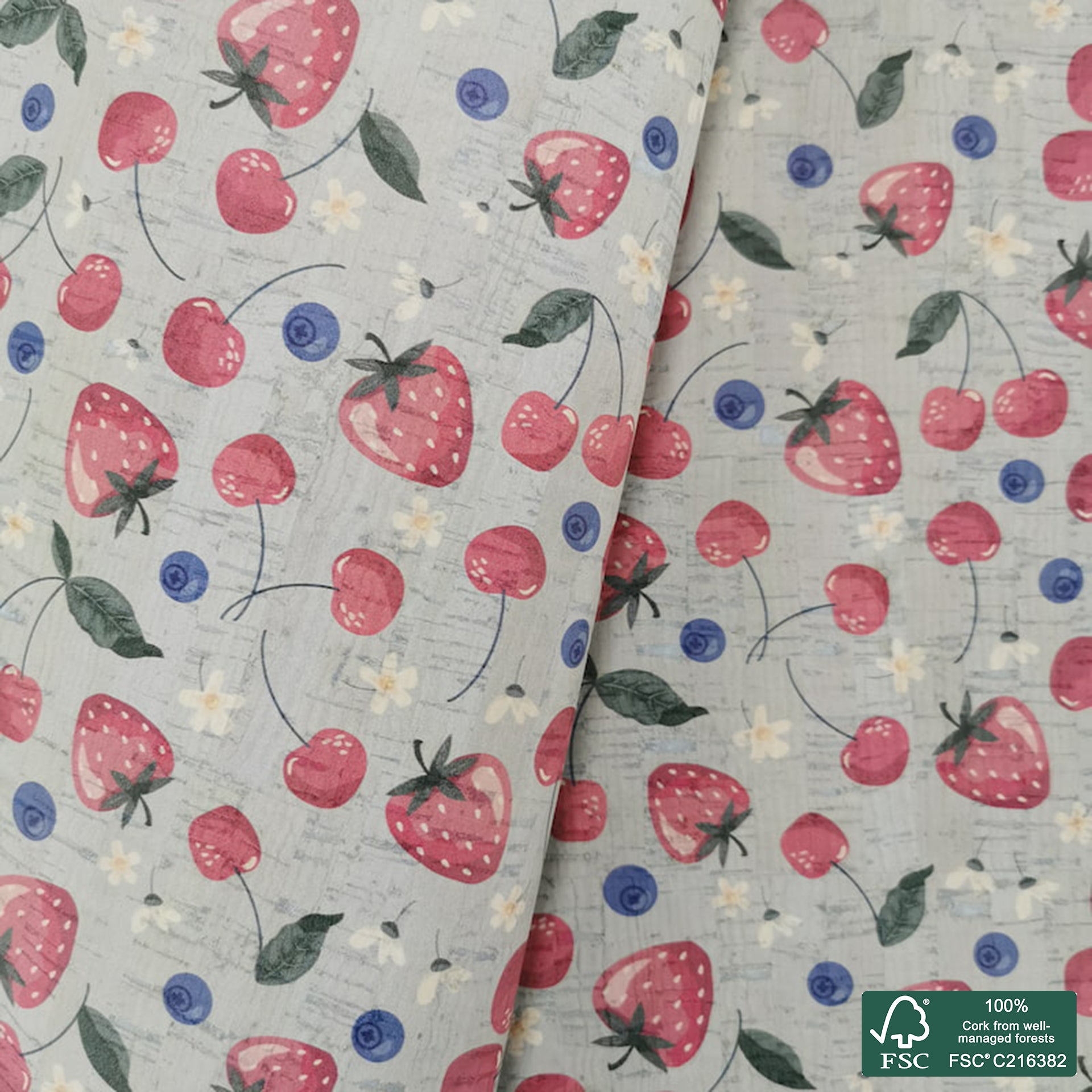 Berries printed pattern on white cork fabric (197)
