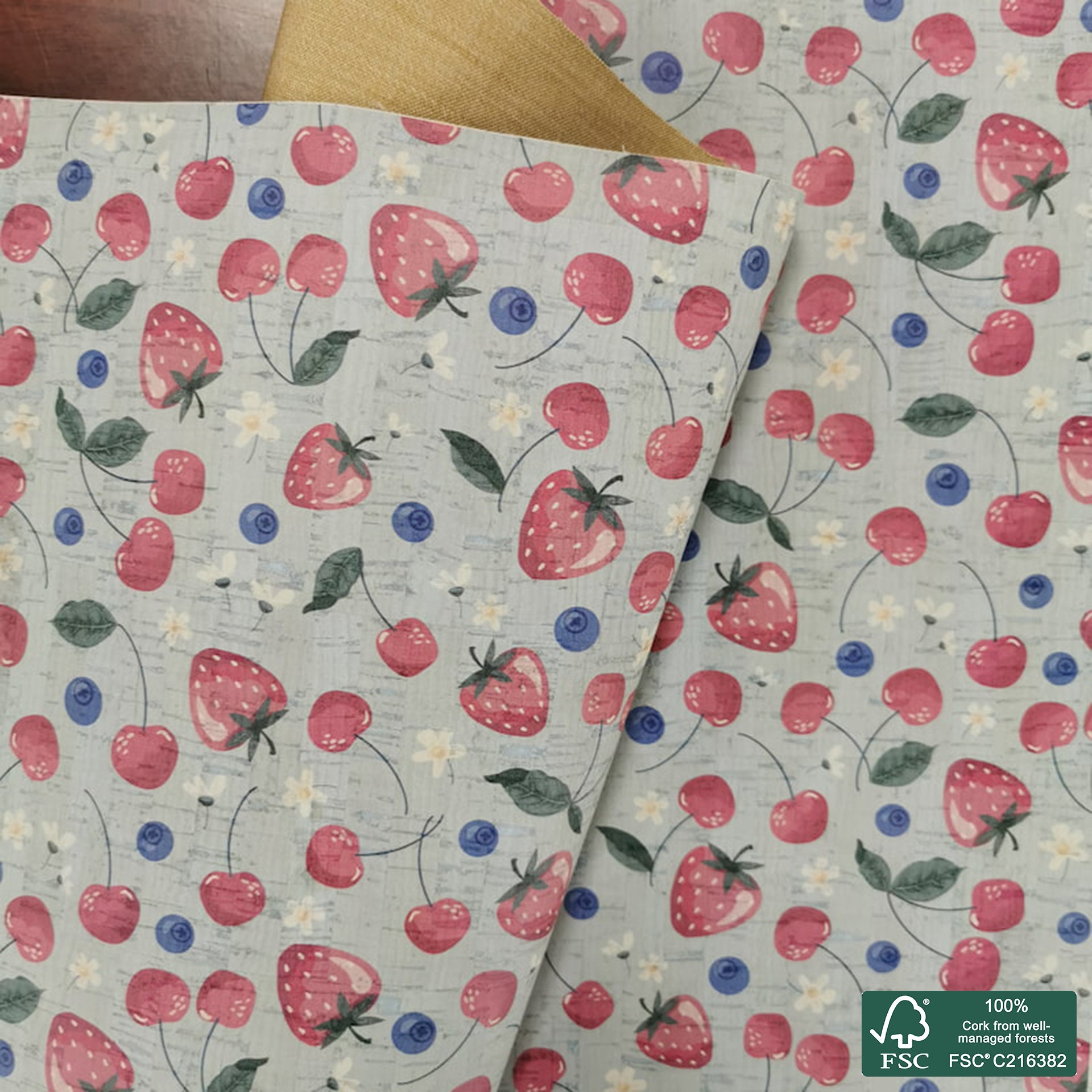 Berries printed pattern on white cork fabric (197)