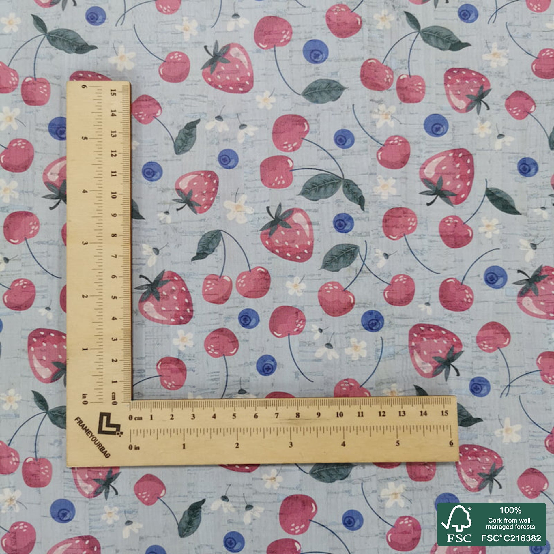 Berries printed pattern on white cork fabric (197)