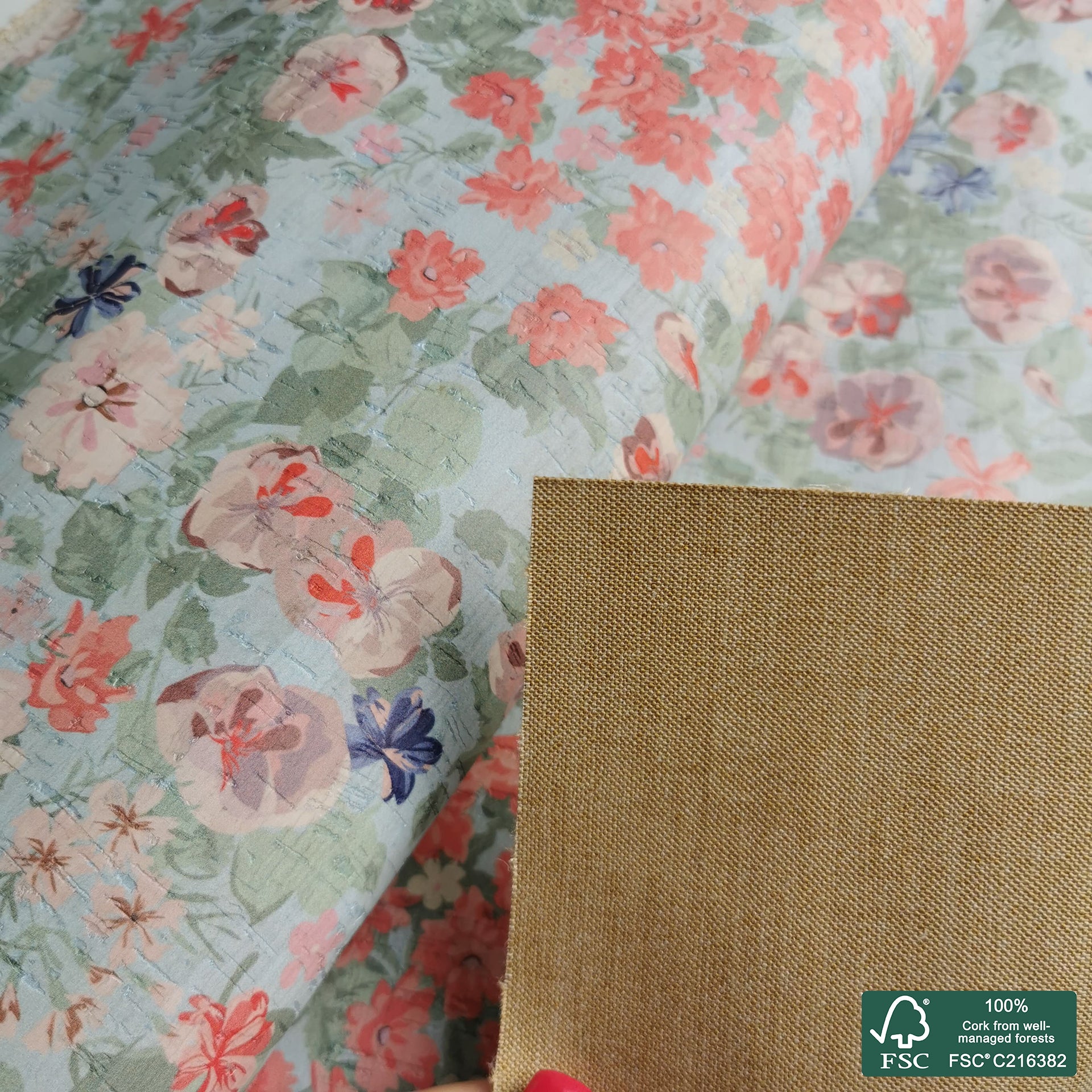 Flowers printed pattern on white cork fabric (198)