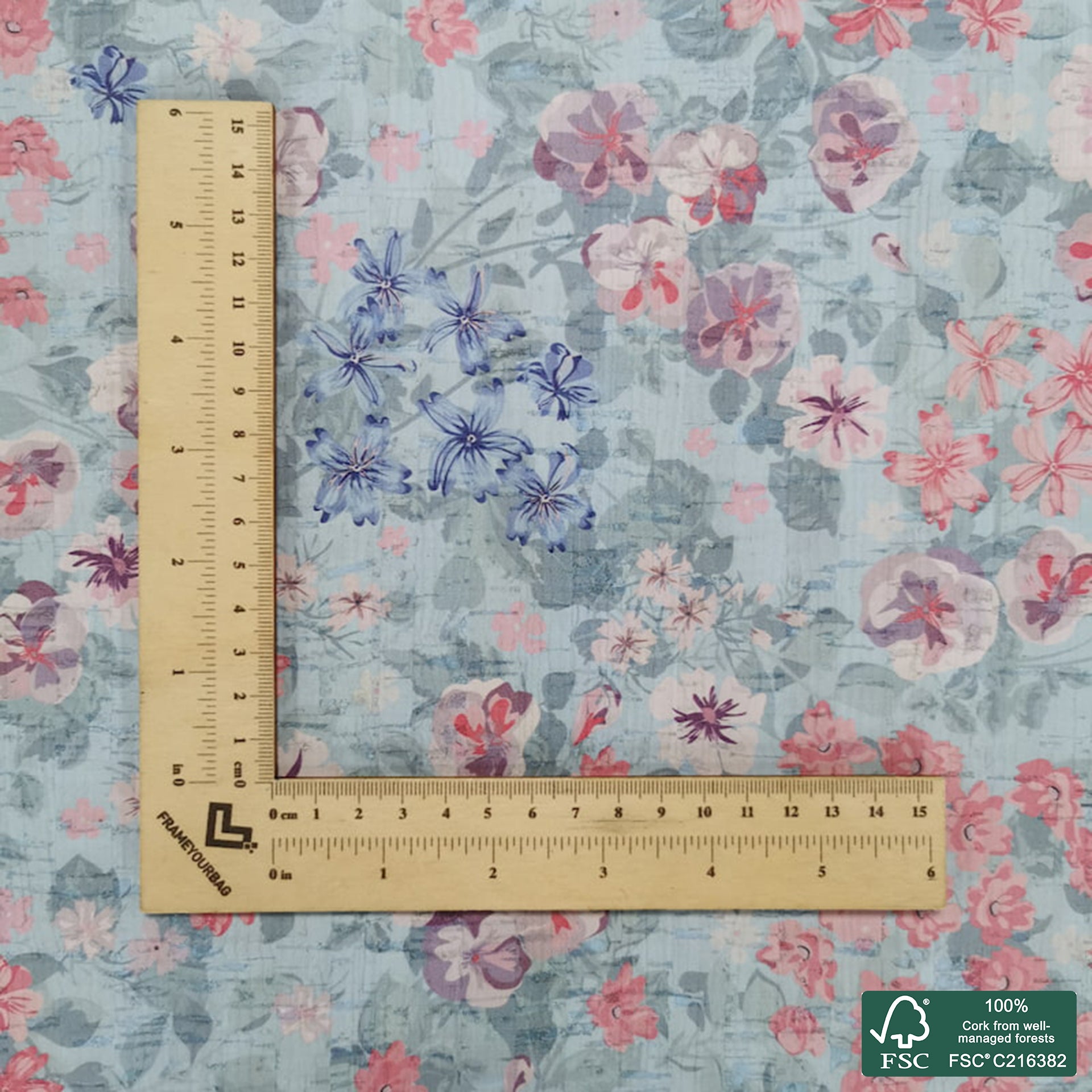 Flowers printed pattern on white cork fabric (198)