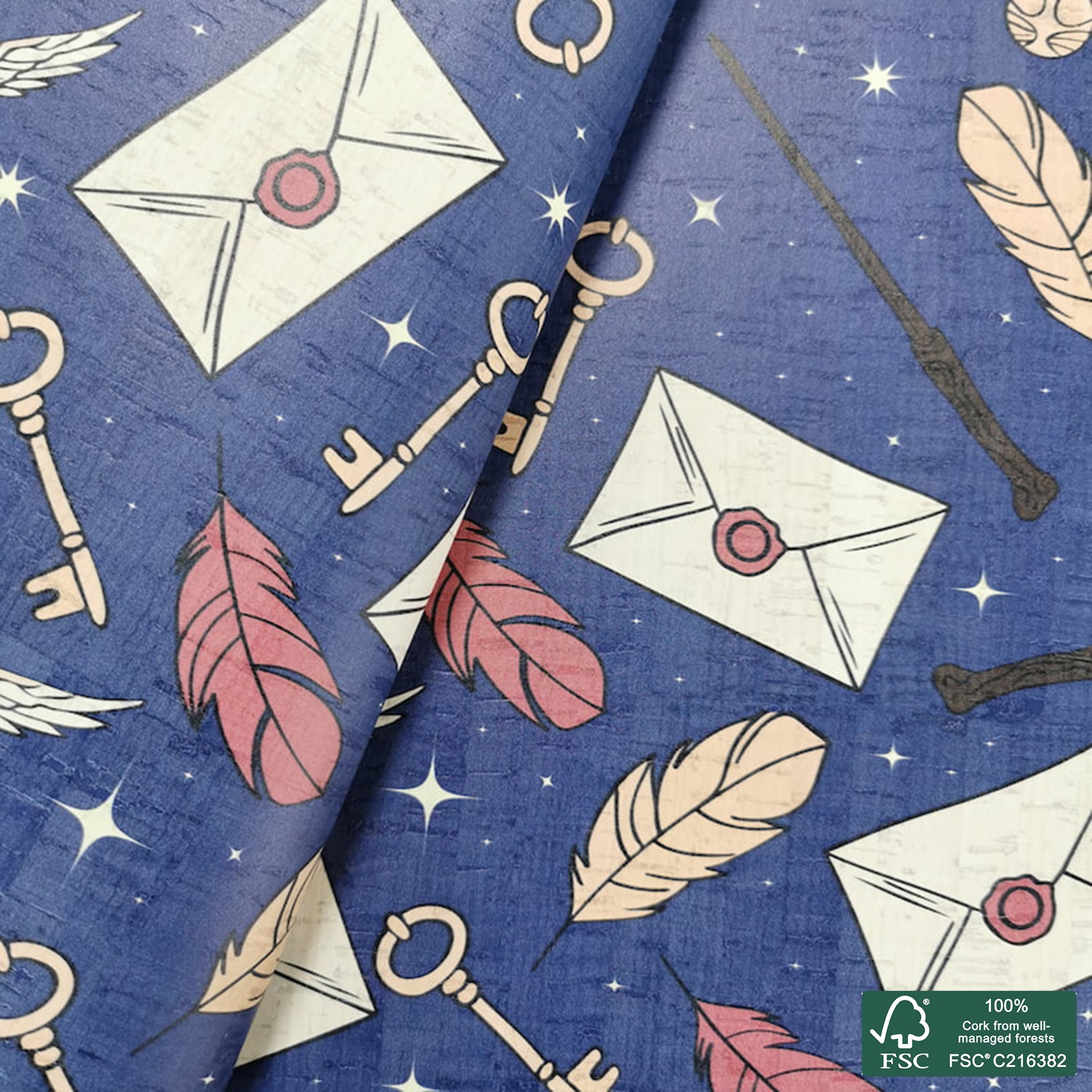 Magical printed pattern on white cork fabric (199)