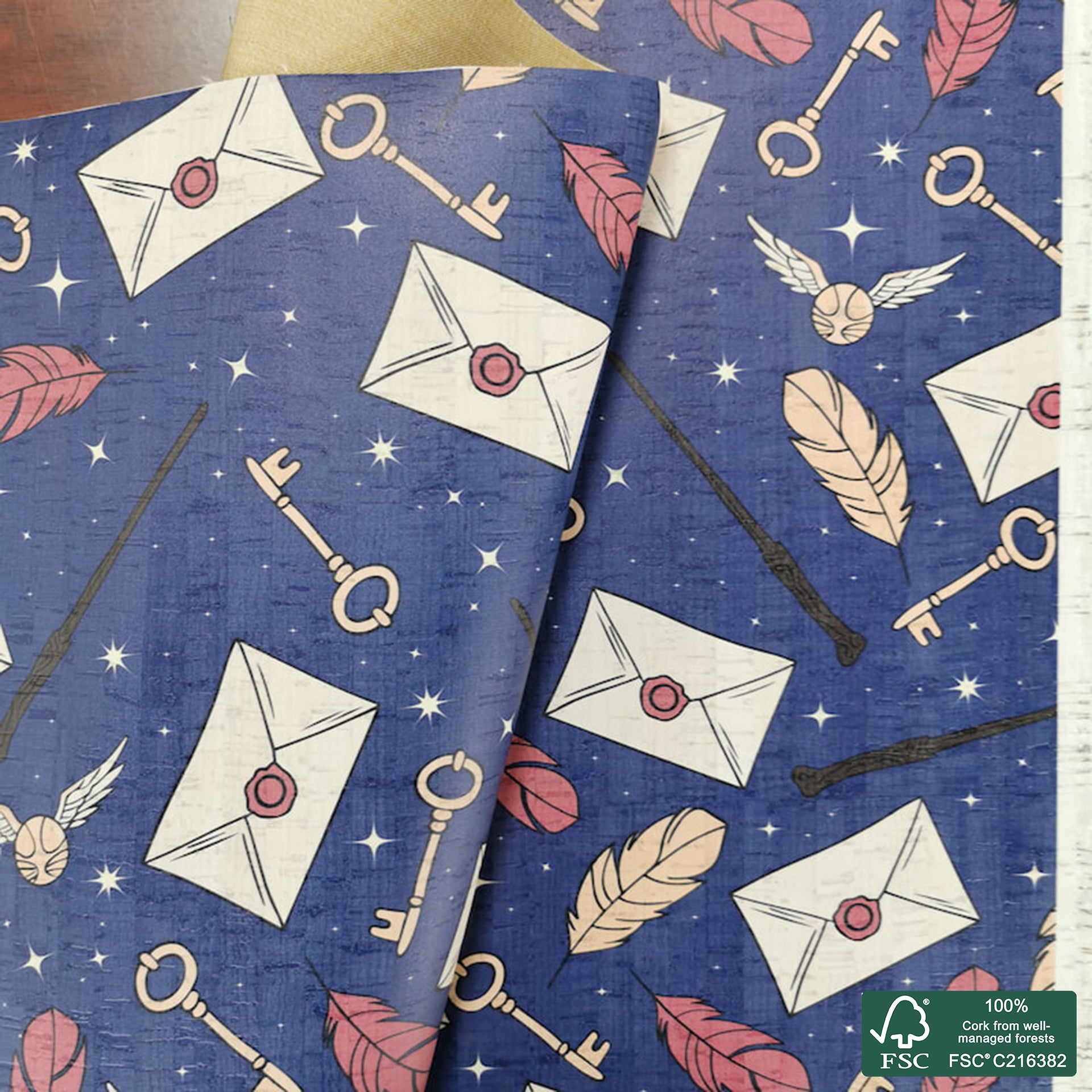 Magical printed pattern on white cork fabric (199)