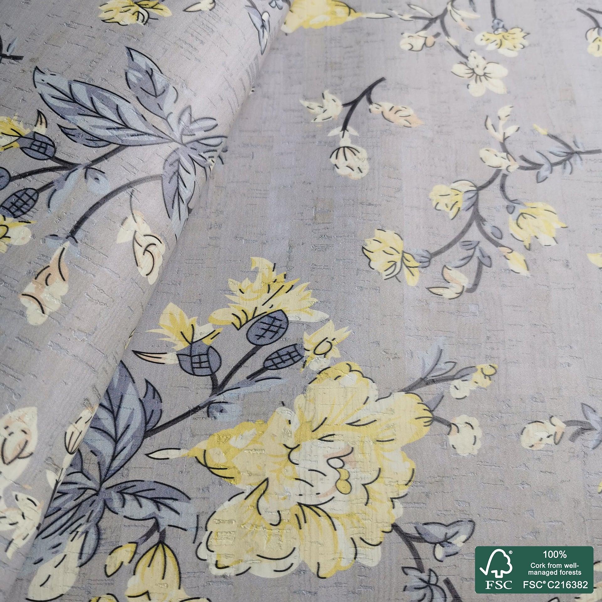 Flowers printed pattern on white cork fabric (200)