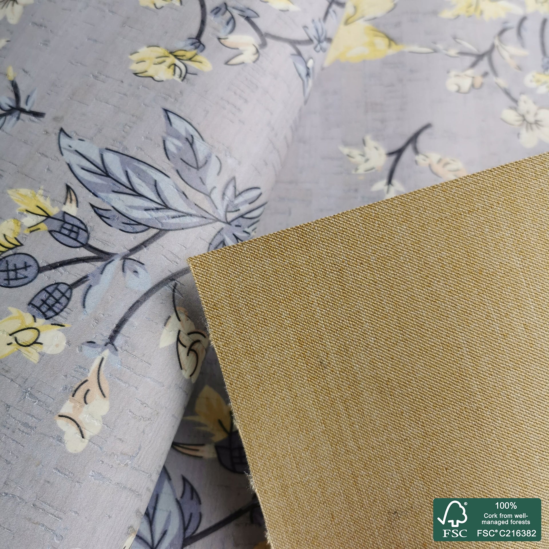 Flowers printed pattern on white cork fabric (200)