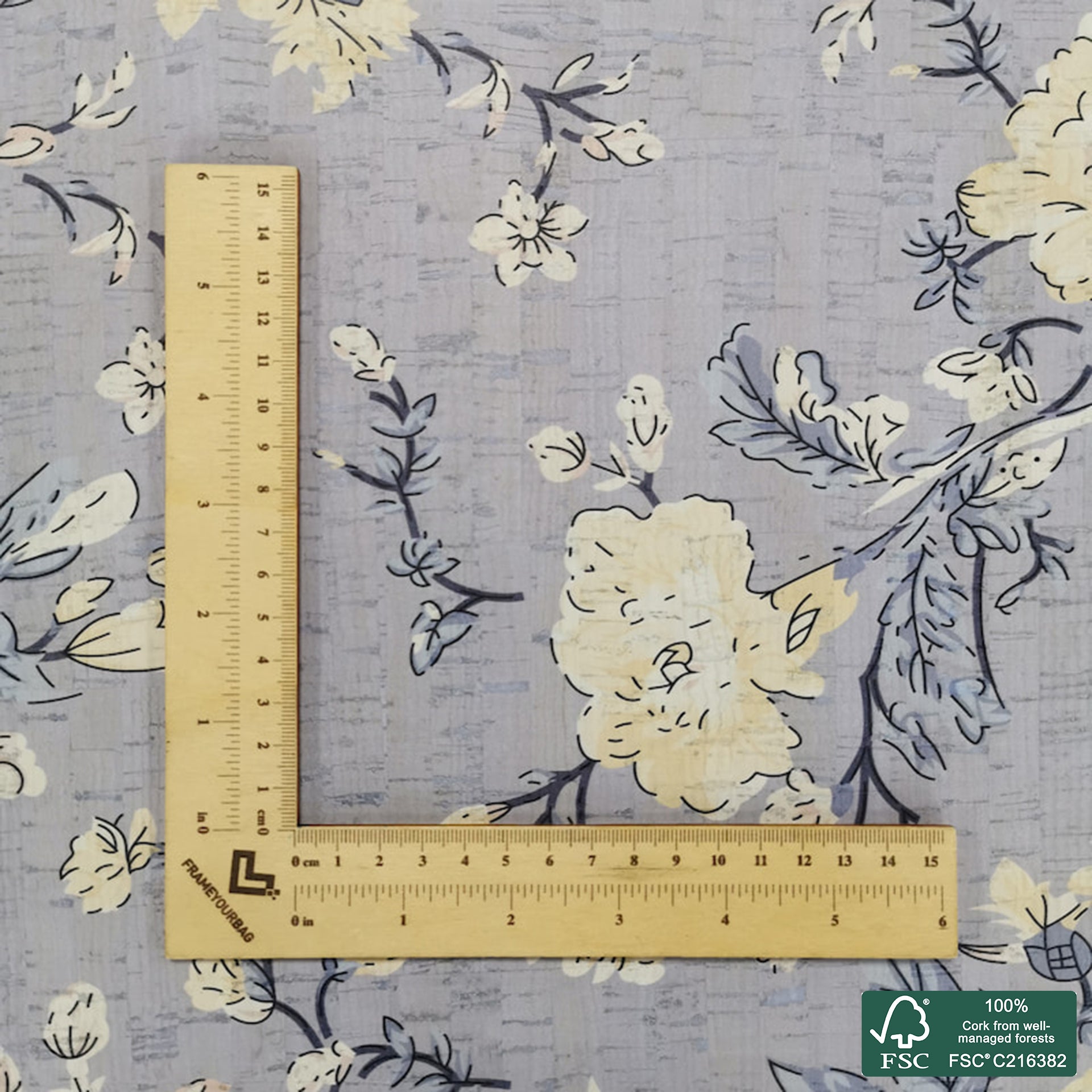 Flowers printed pattern on white cork fabric (200)