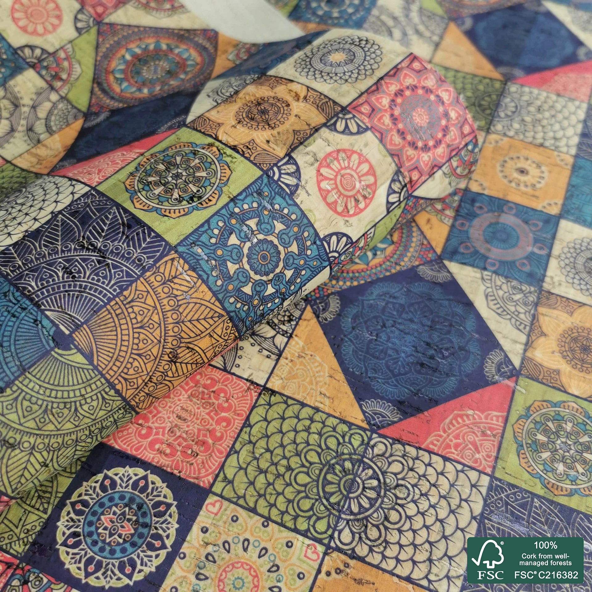 Tiles printed pattern on white cork fabric (201)