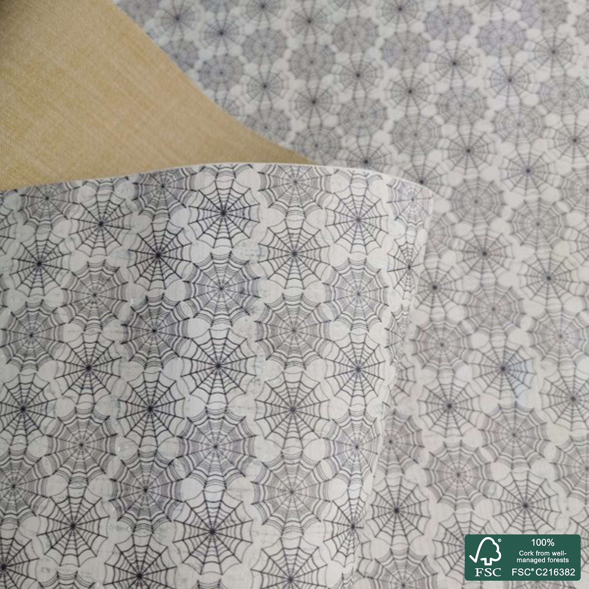 Cobwebs printed pattern on white cork fabric (202)