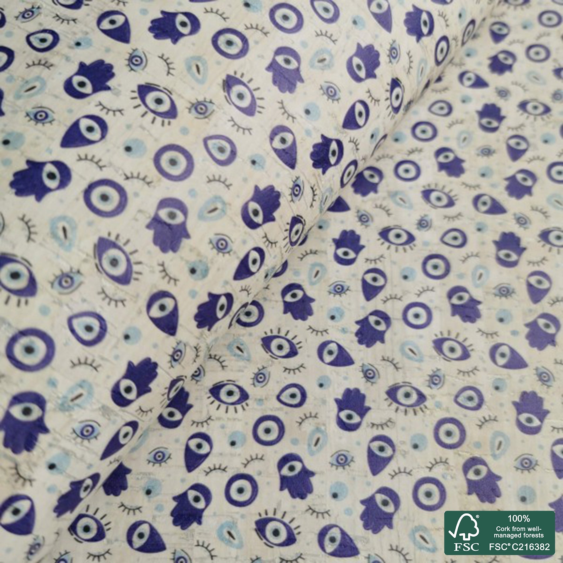 Evil Eye printed pattern on white cork fabric (206)