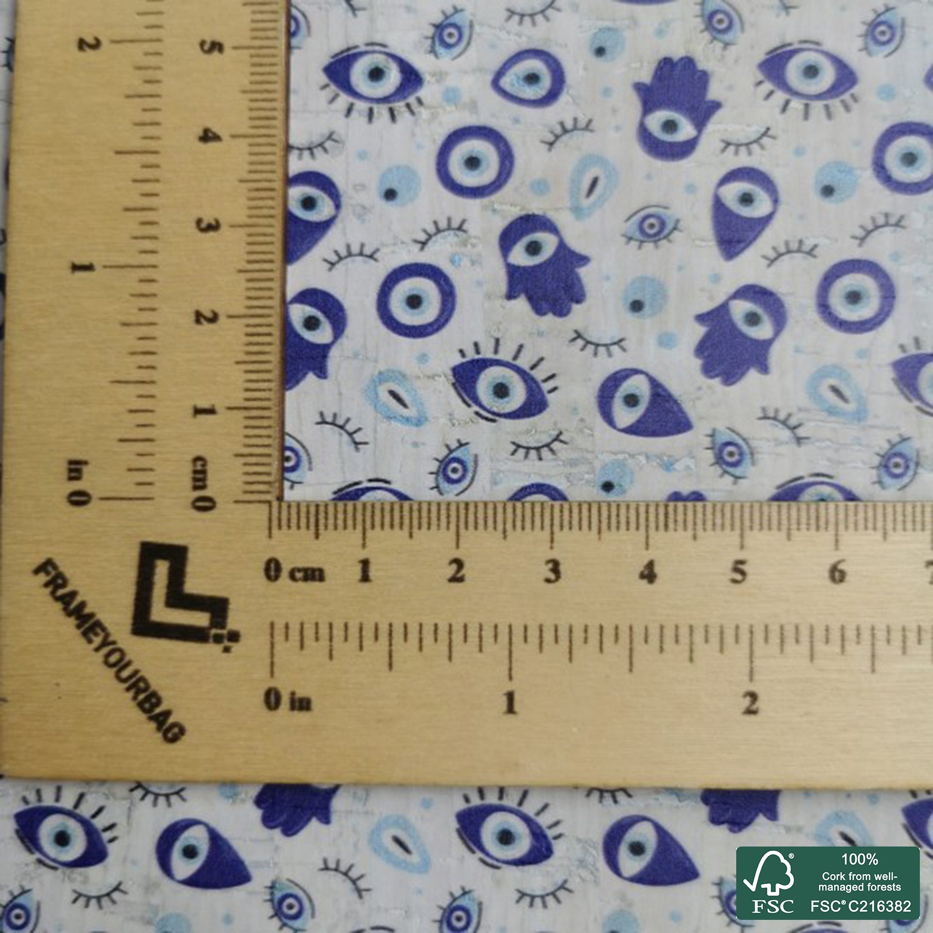 Evil Eye printed pattern on white cork fabric (206)