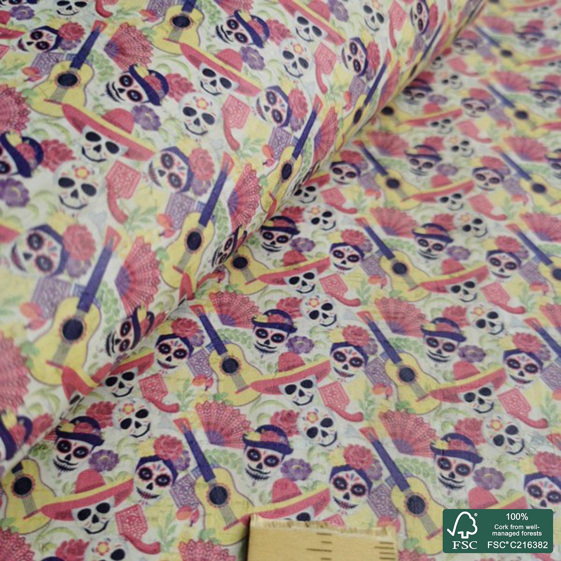 Dia de los muertos printed pattern on white cork fabric (207)