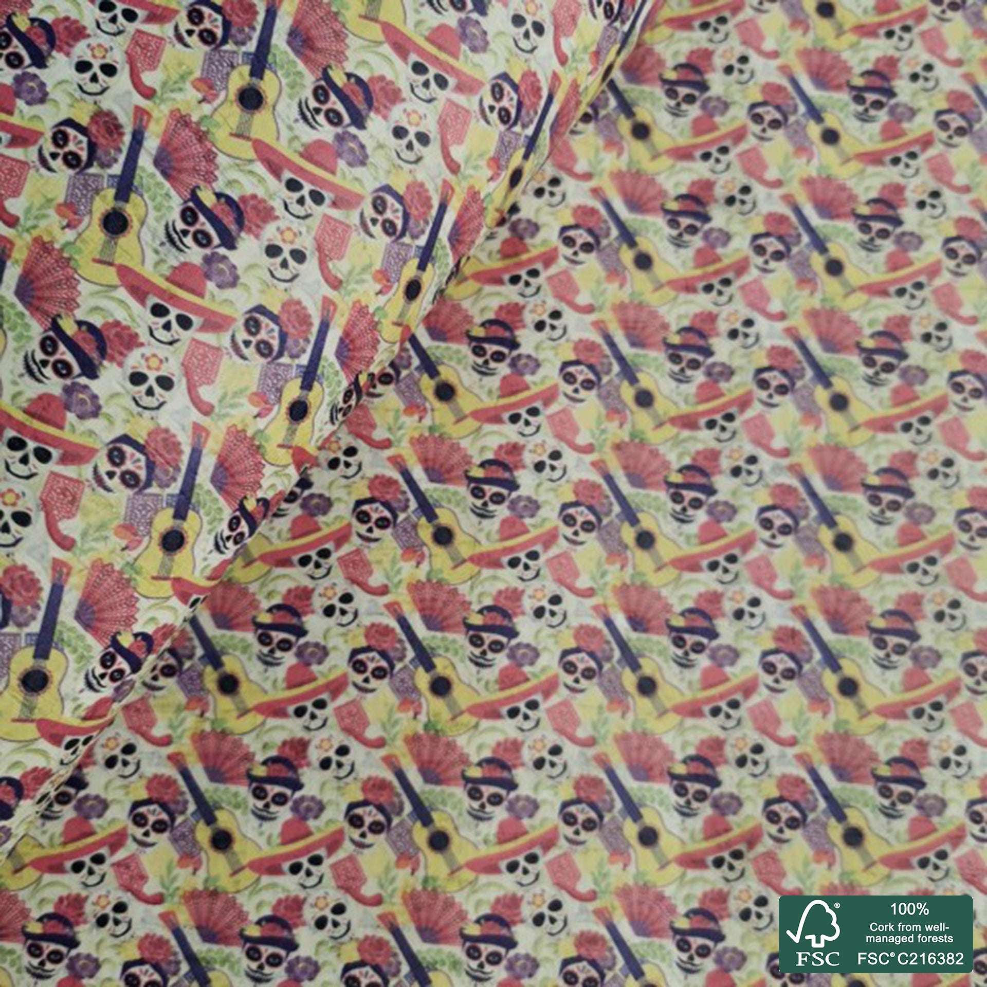 Dia de los muertos printed pattern on white cork fabric (207)