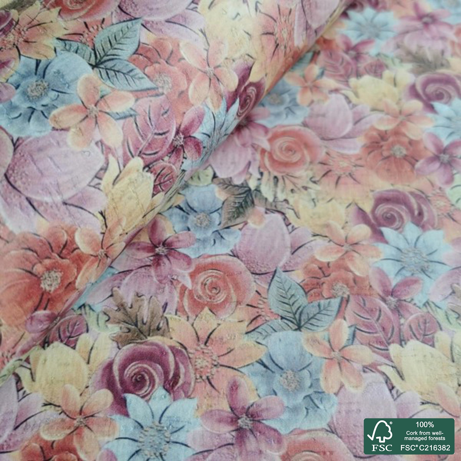 Flowers printed pattern on white cork fabric (210)