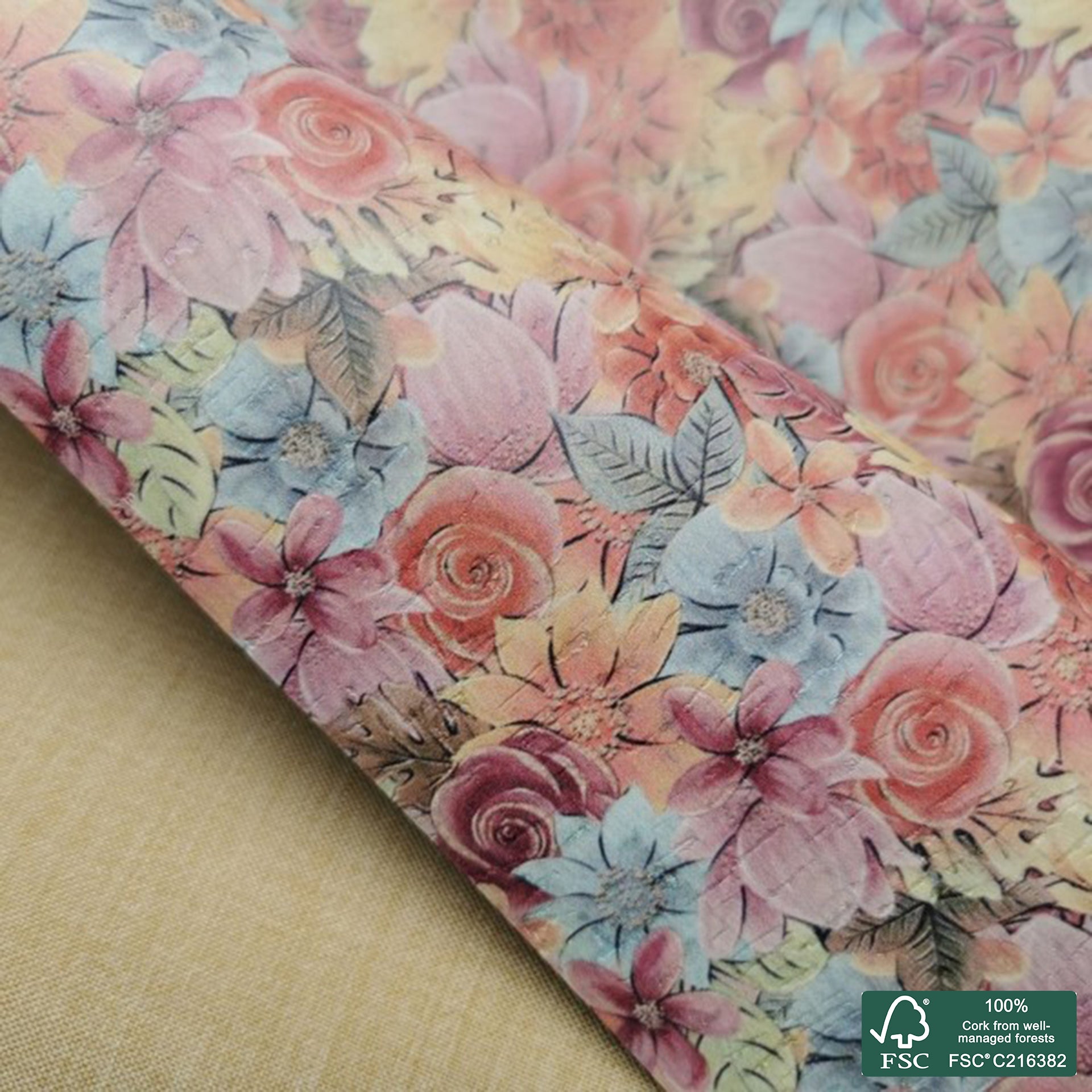 Flowers printed pattern on white cork fabric (210)