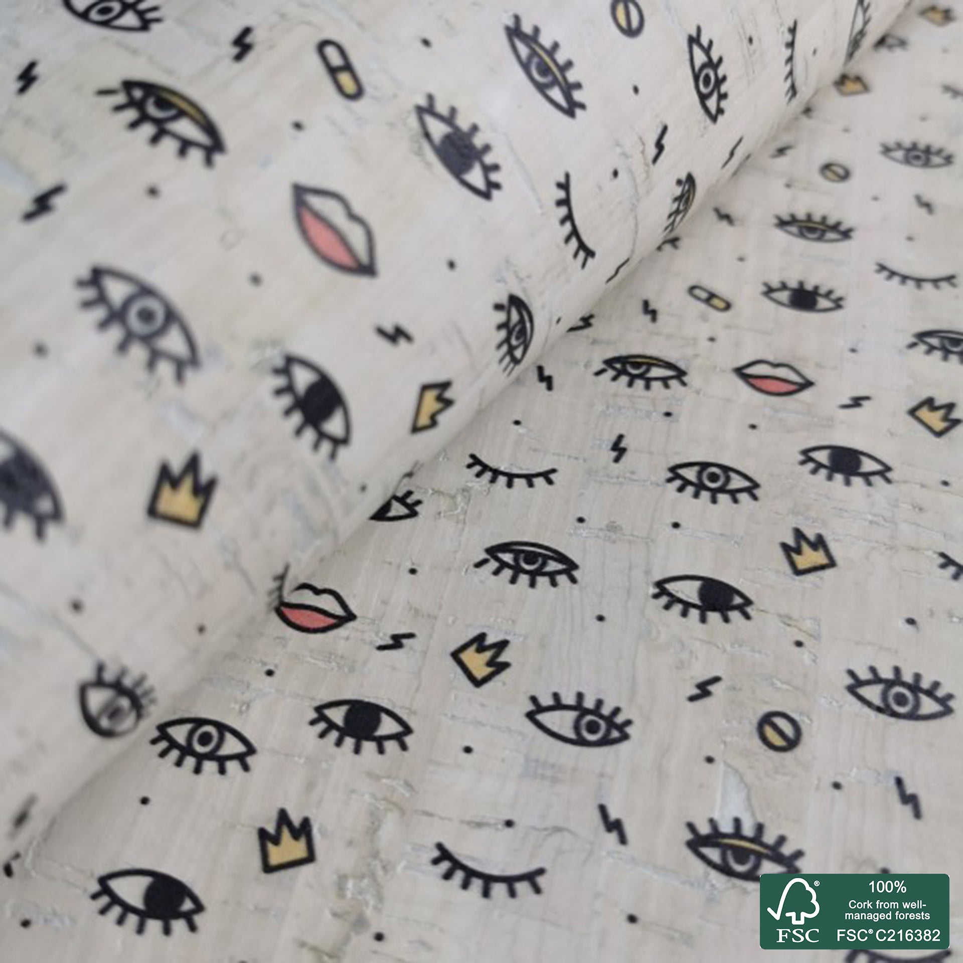 Eye printed pattern on white cork fabric (211)
