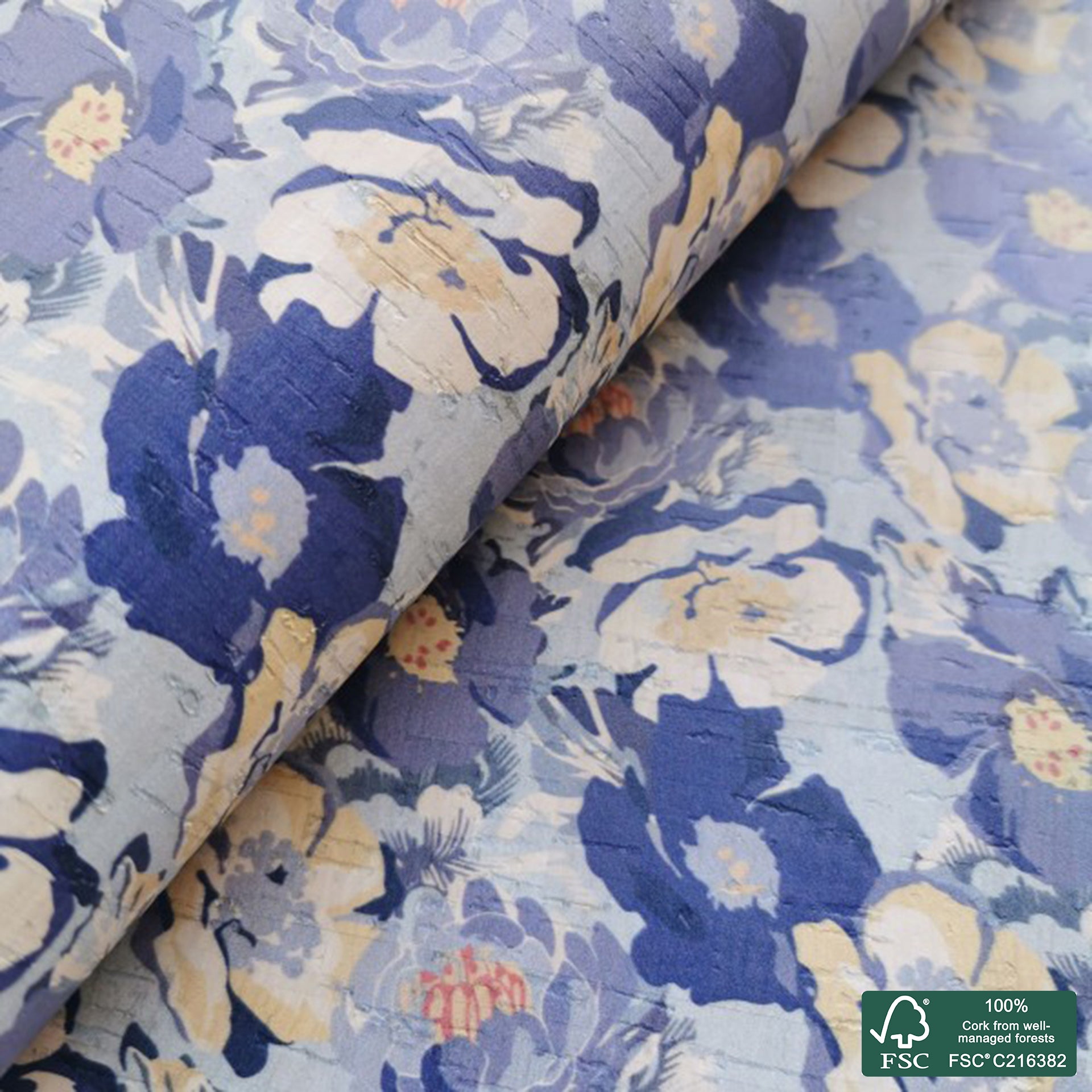 Flowers printed pattern on white cork fabric (213)