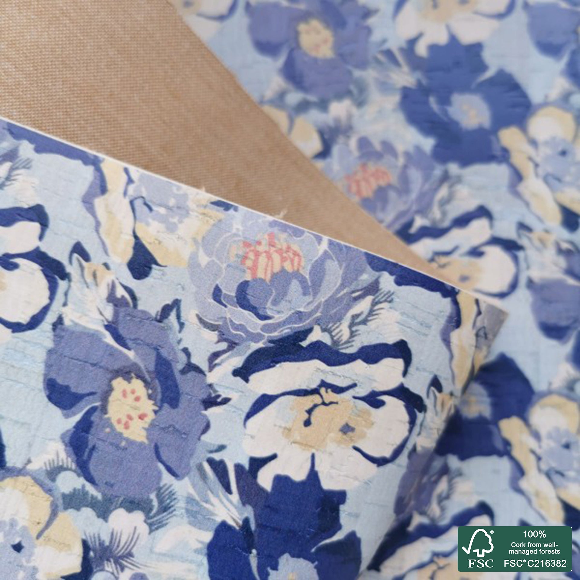 Flowers printed pattern on white cork fabric (213)