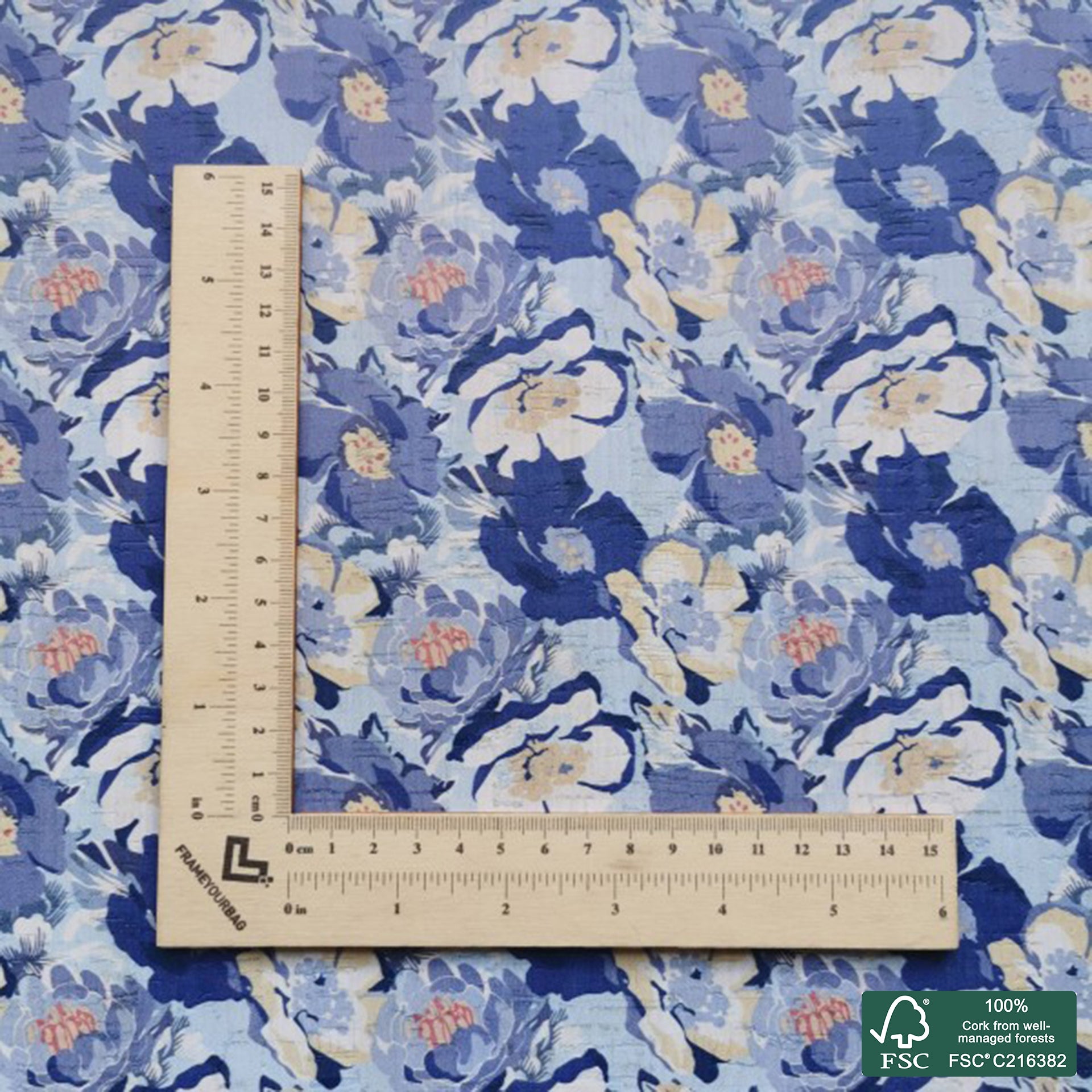Flowers printed pattern on white cork fabric (213)