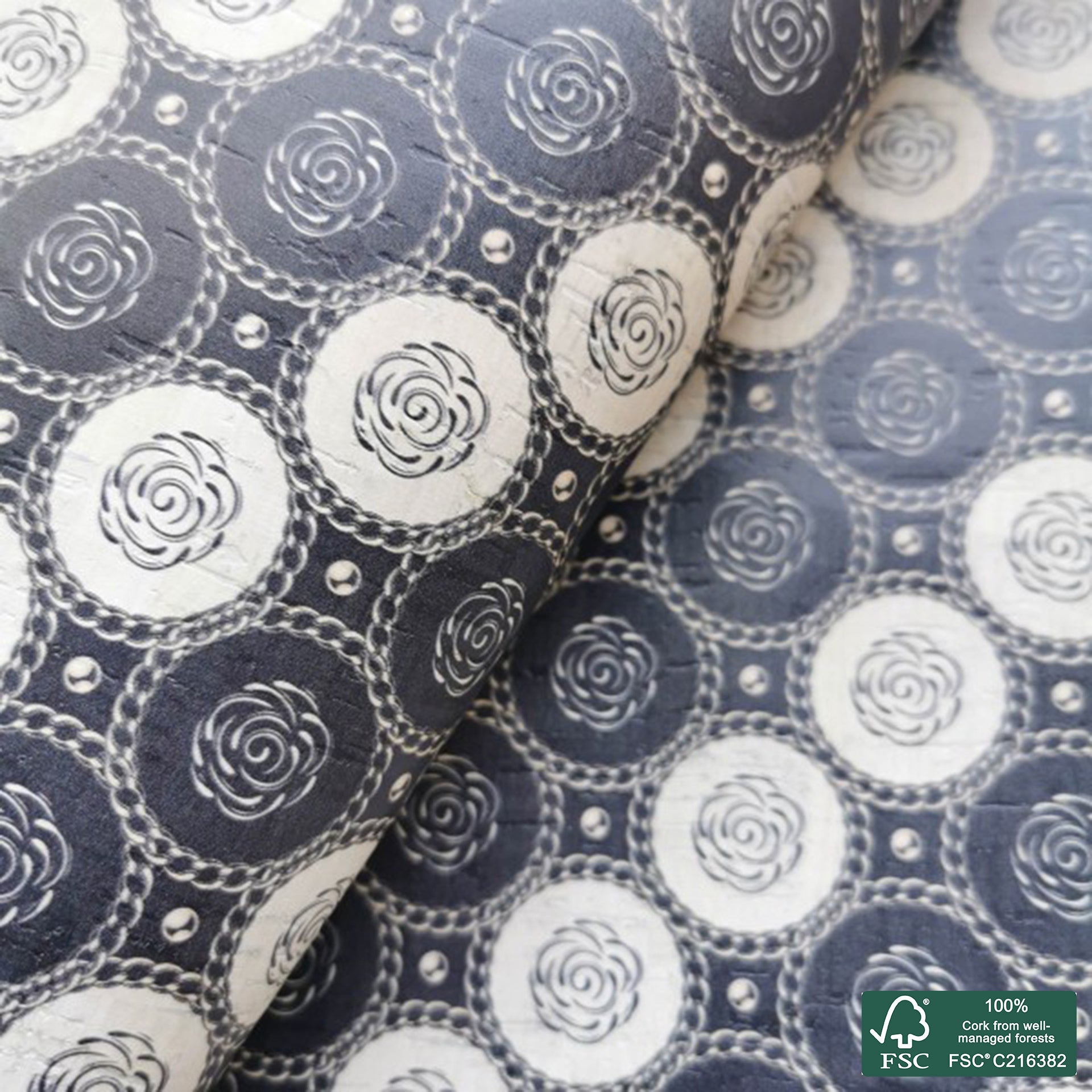 Flowers printed pattern on white cork fabric (214)