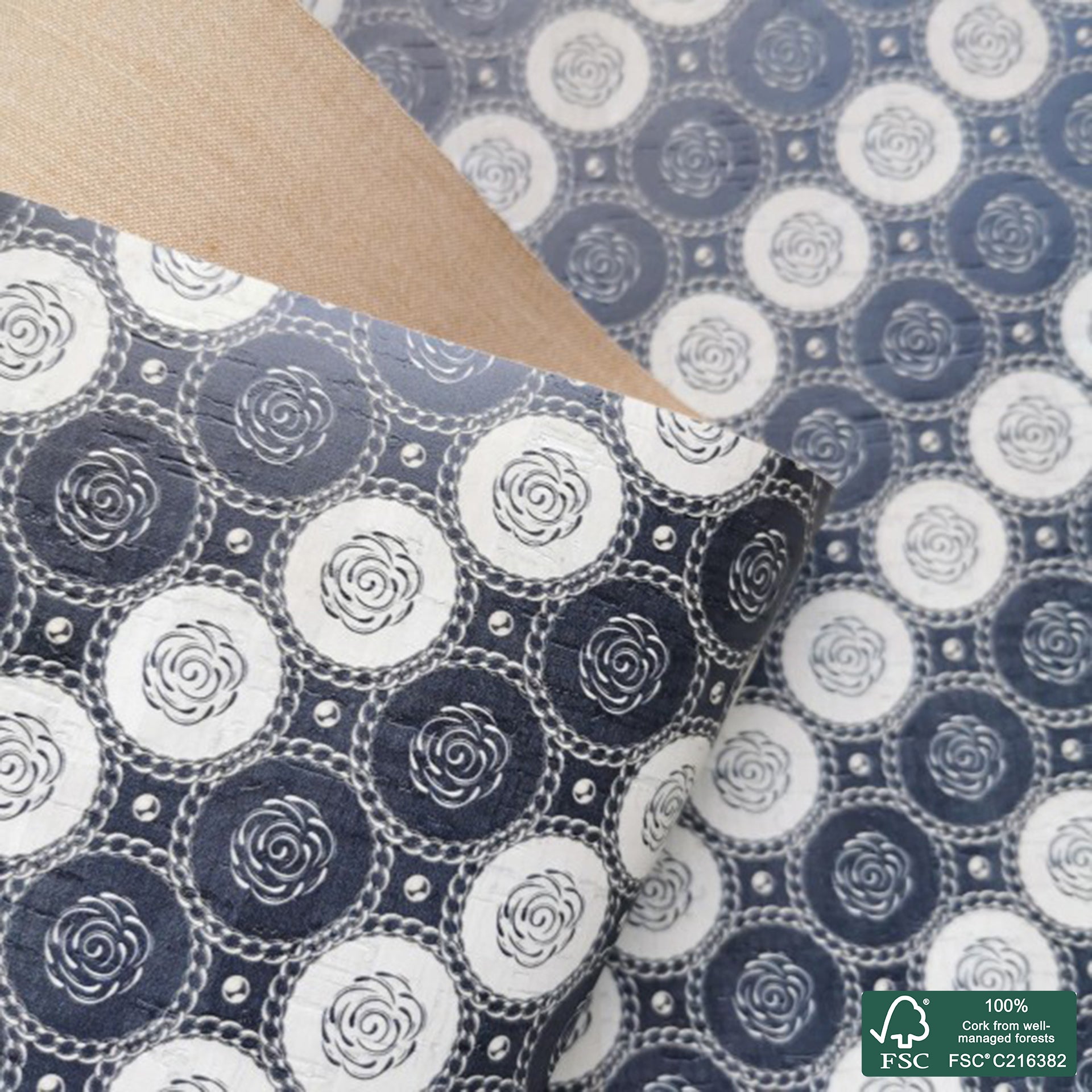 Flowers printed pattern on white cork fabric (214)