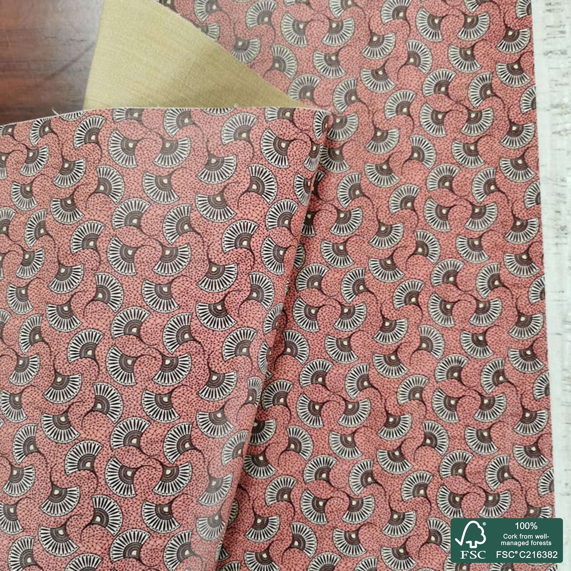 Abstract printed pattern on white cork fabric (215)