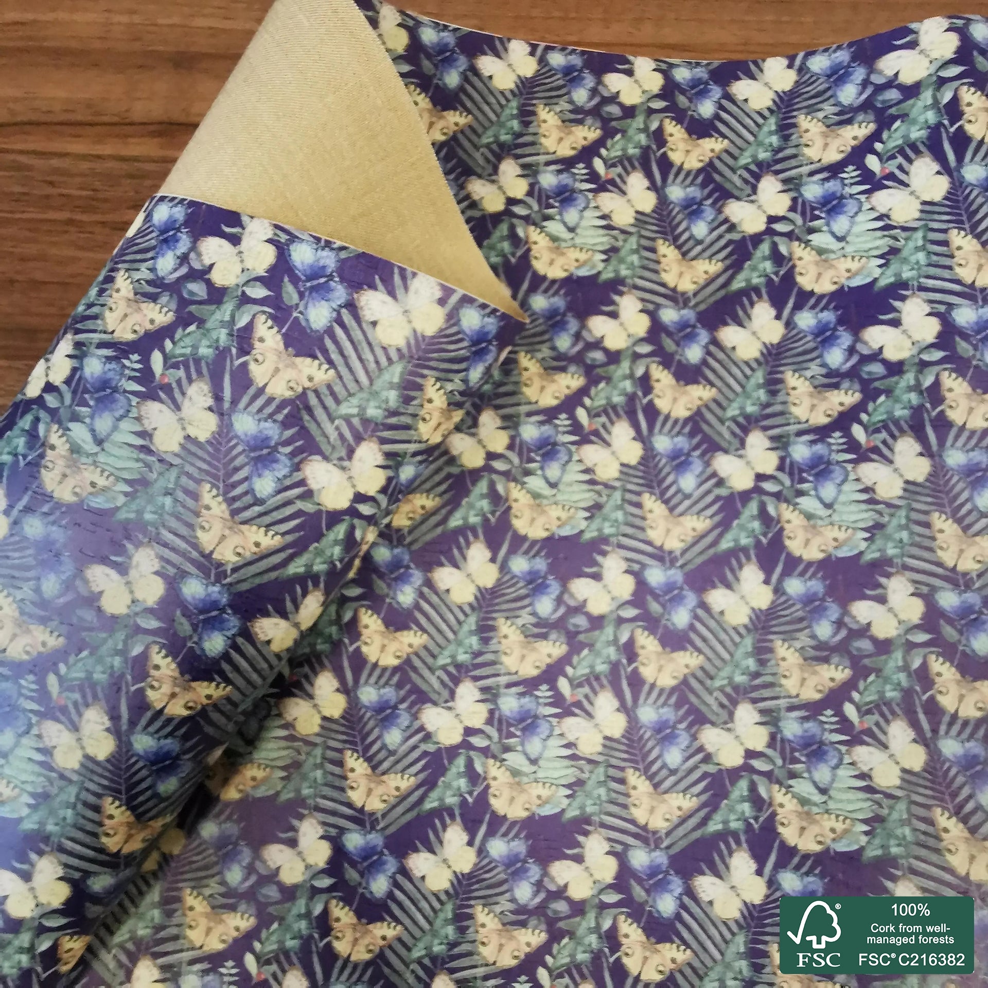 Butterflies printed pattern on white cork fabric (216)