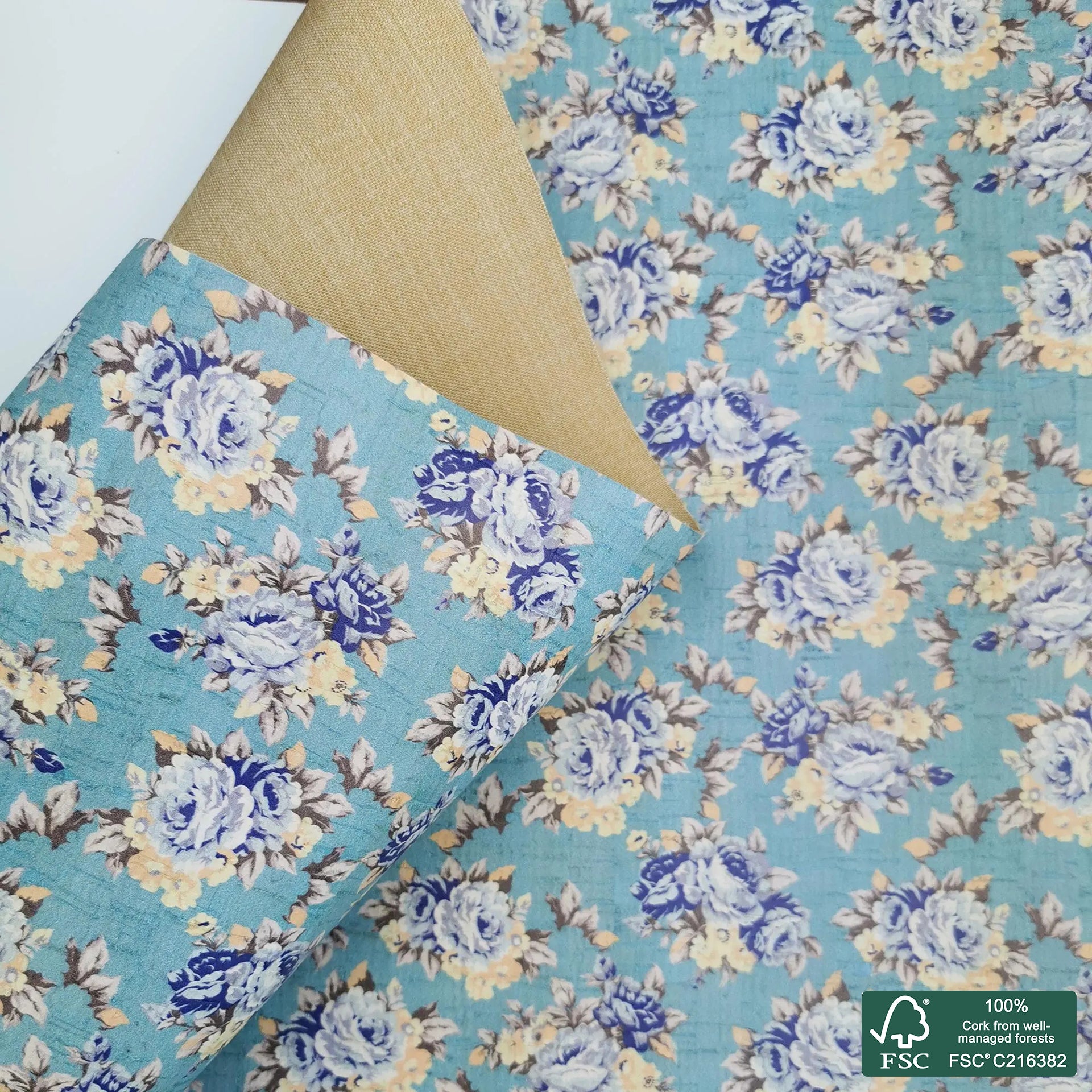 Flowers printed pattern on white cork fabric (217)