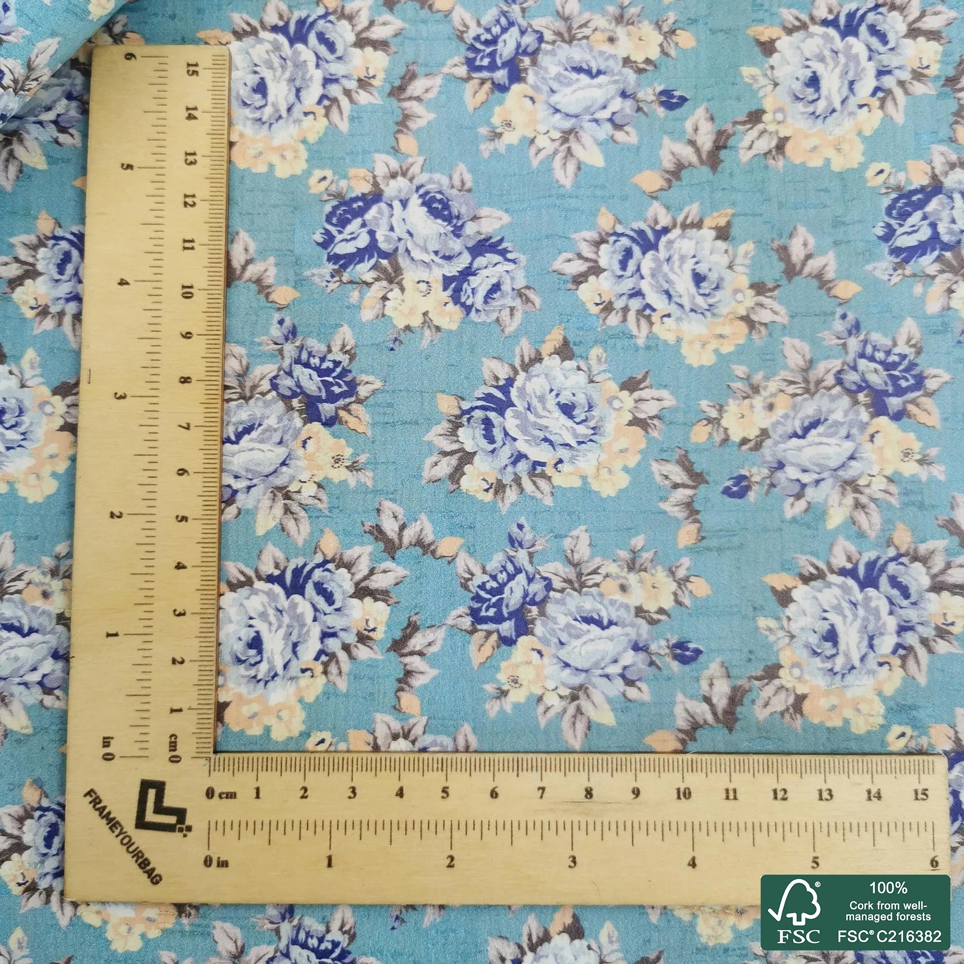 Flowers printed pattern on white cork fabric (217)