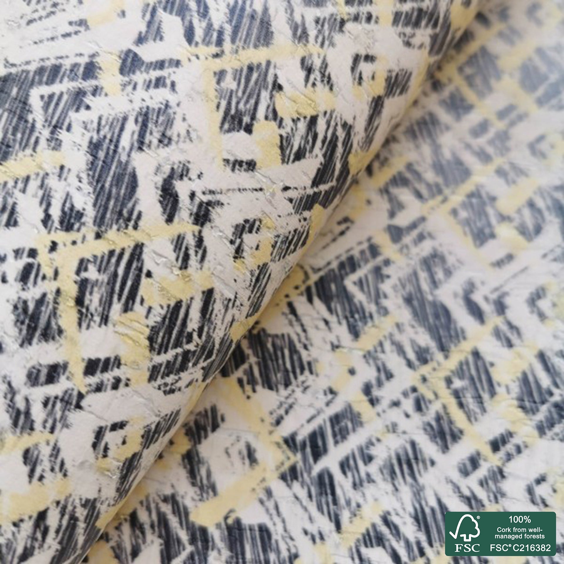 Abstract printed pattern on white cork fabric (219)