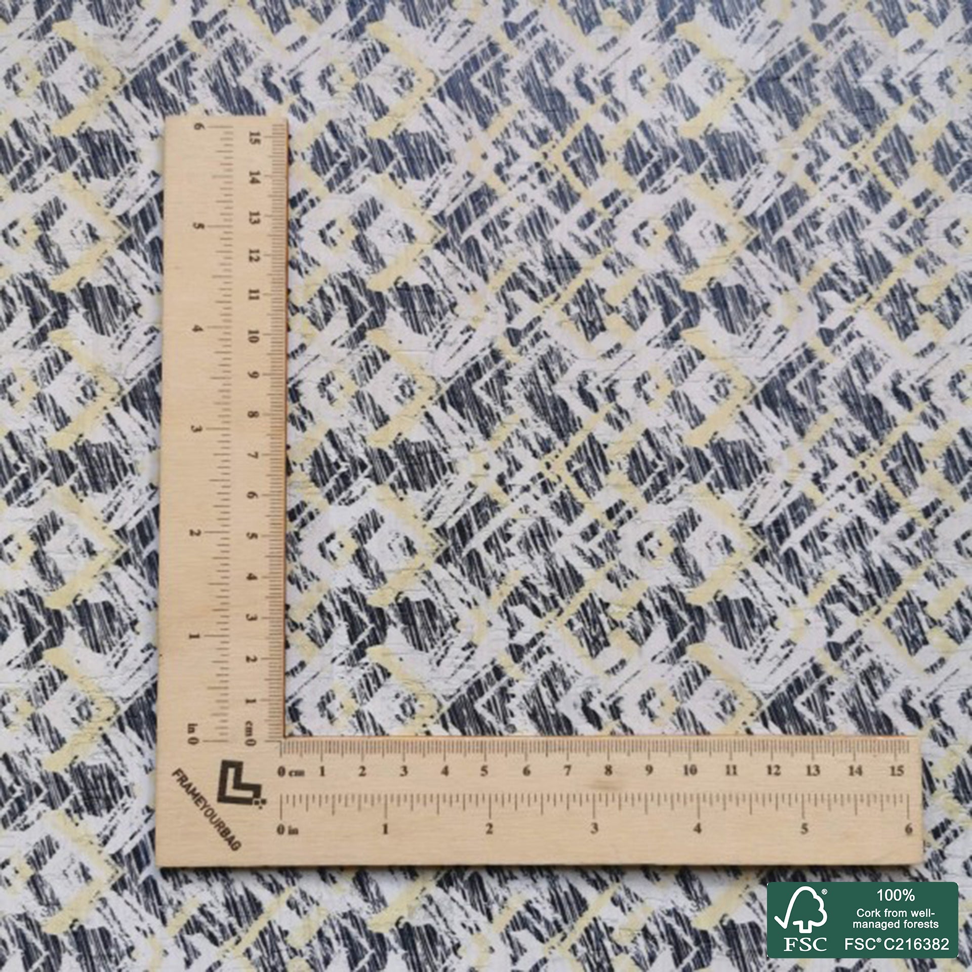 Abstract printed pattern on white cork fabric (219)
