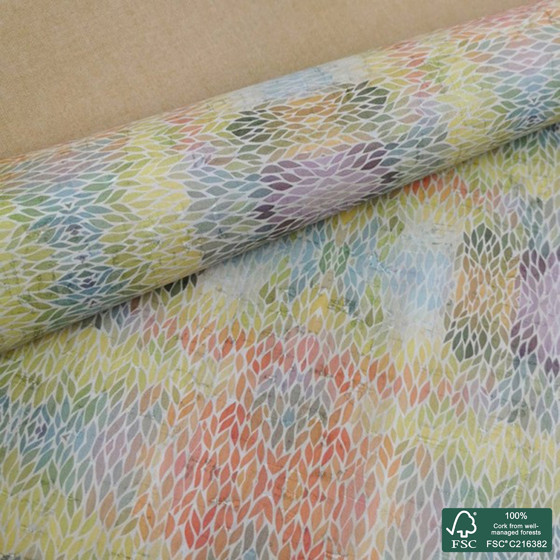 Leaves printed pattern on white cork fabric (221)