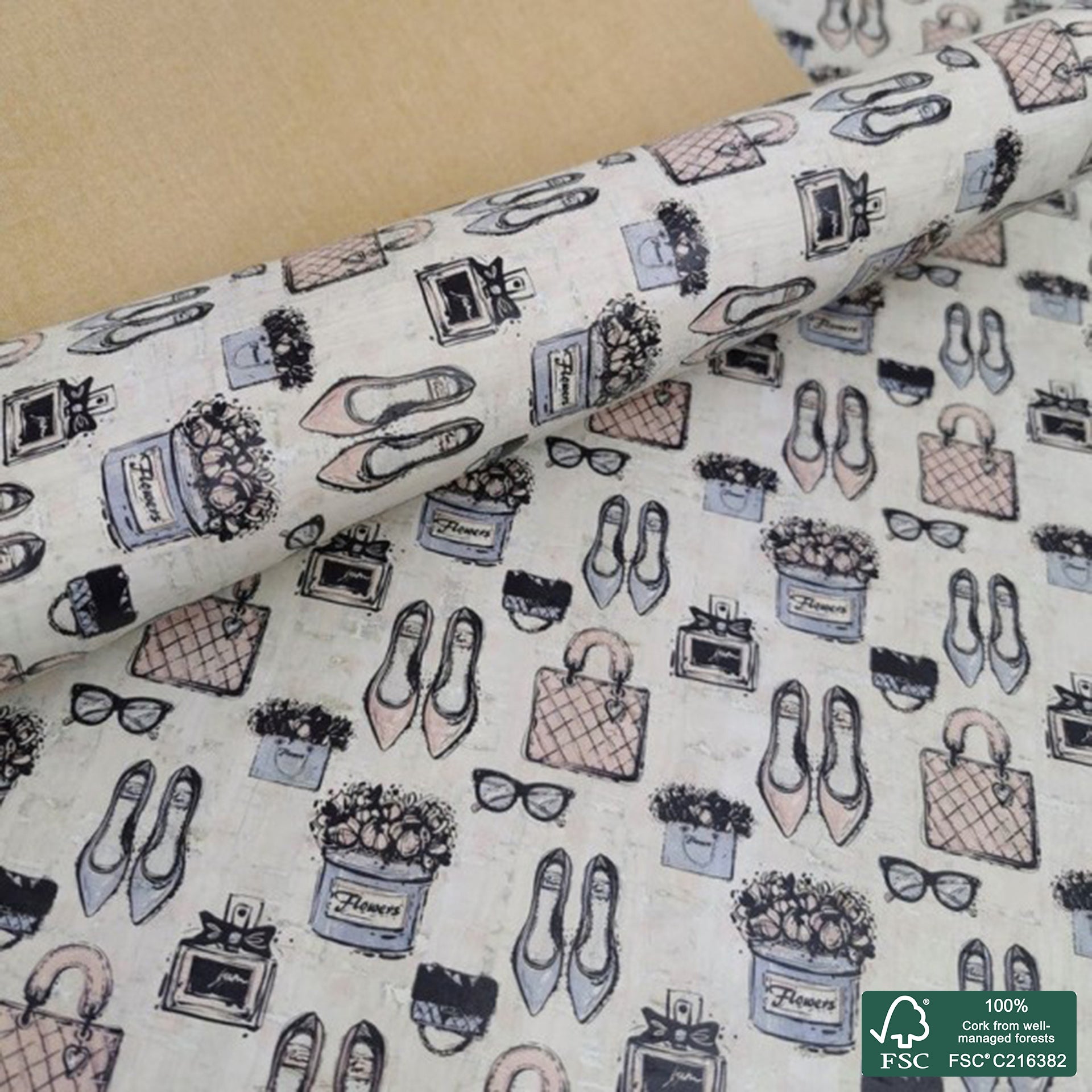 Fashion printed pattern on white cork fabric (222)
