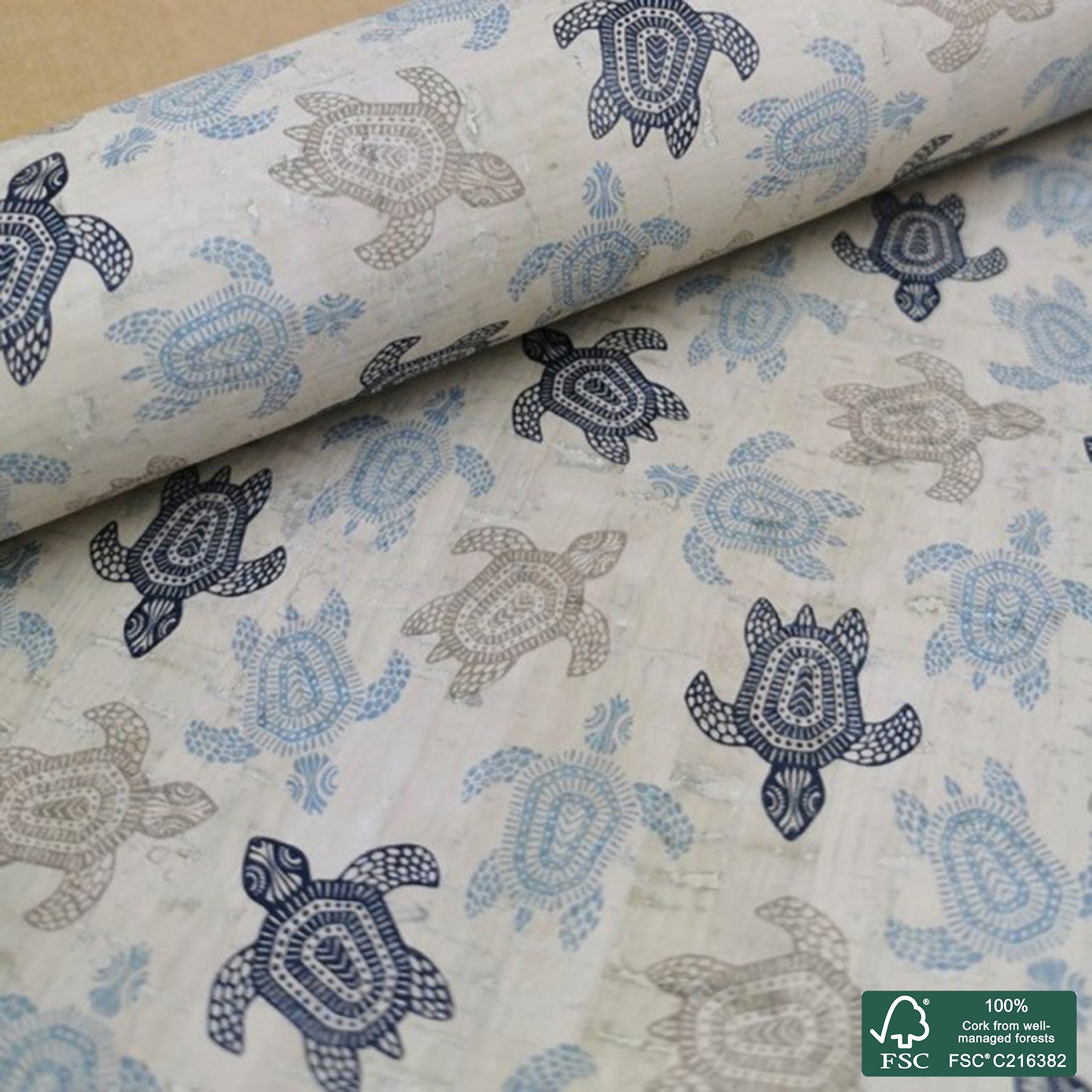 Turtles printed pattern on white cork fabric (223)