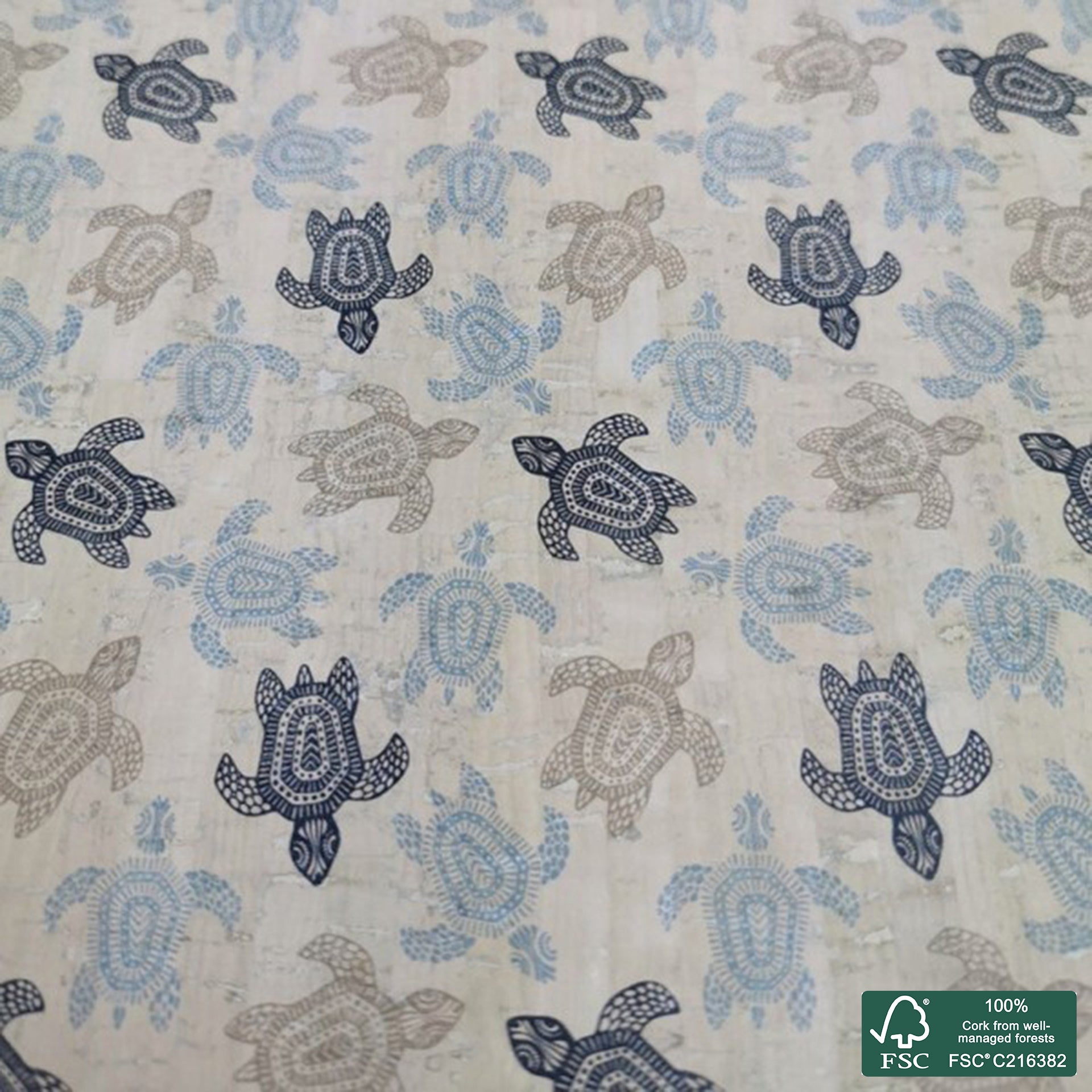Turtles printed pattern on white cork fabric (223)