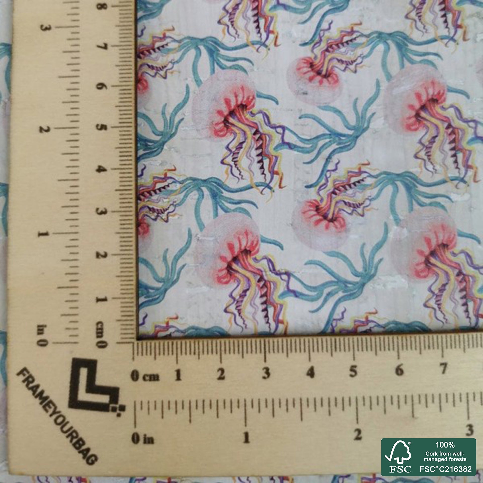 Jellyfish printed pattern on white cork fabric (224)
