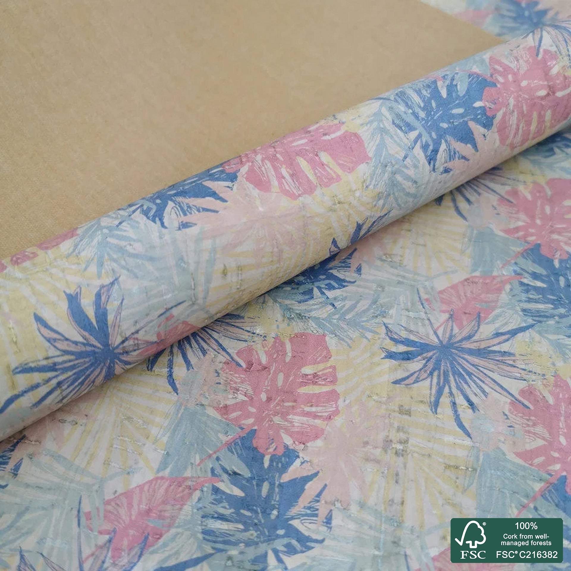Leaves printed pattern on white cork fabric (226)